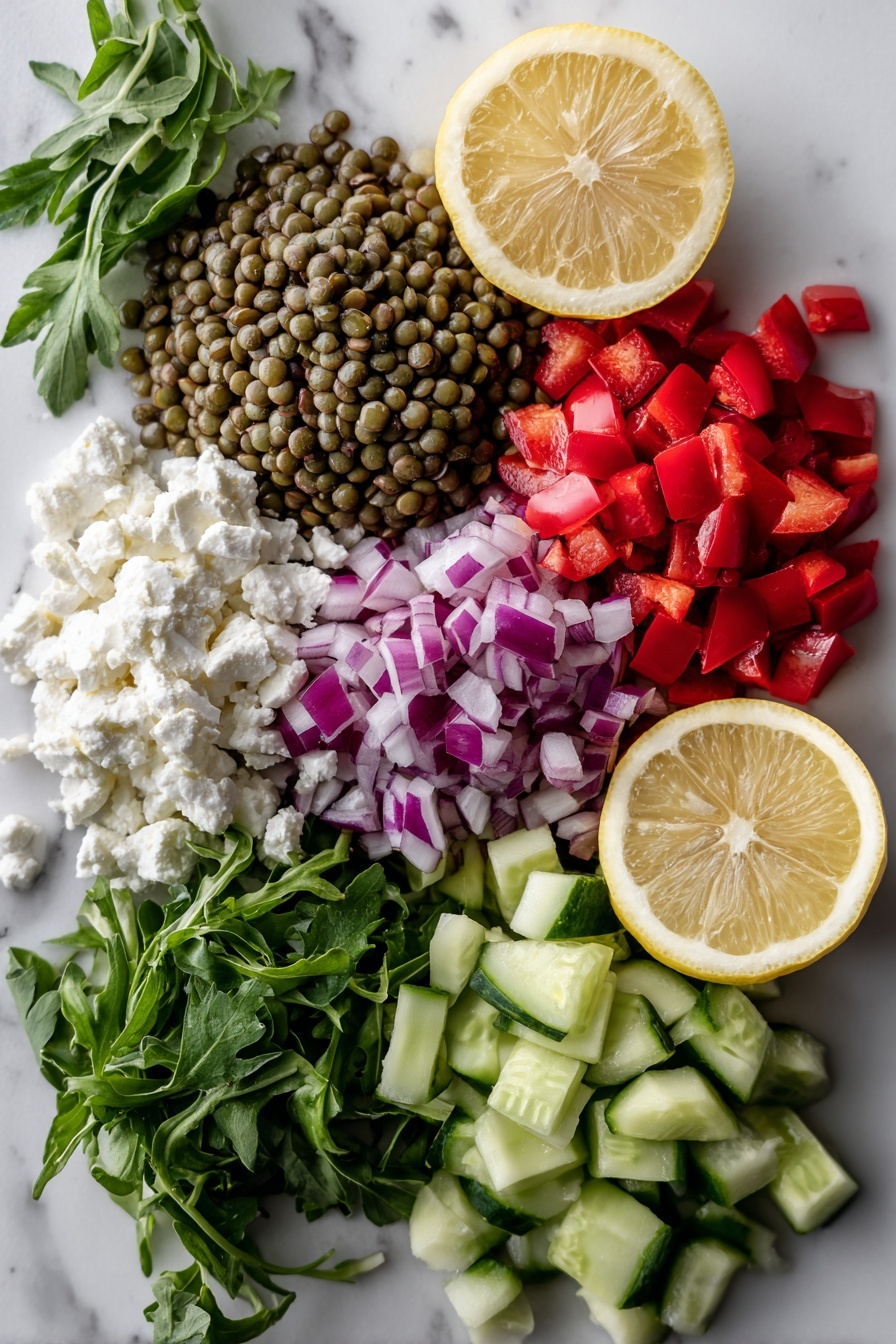 The Best Lentil Salad, healthy lentil salad, easy lentil salad, quick lentil salad, nutritious lentil salad - Flat lay of fresh green lentils with their small round shapes and muted earth tones, vibrant diced red bell pepper pieces with glossy red skin, crisp diced English cucumber showing pale green and white juicy flesh, small diced red onion chunks with deep purple hues and papery layers, bright green chopped parsley leaves with delicate textures, creamy white crumbled vegan feta cheese with crumbly texture, fresh arugula leaves with dark green jagged edges, and a whole lemon cut in half revealing bright yellow juicy segments, all beautifully arranged with natural spacing and balance, placed on white marbled surface, photo taken with an iphone --ar 2:3 --v 7