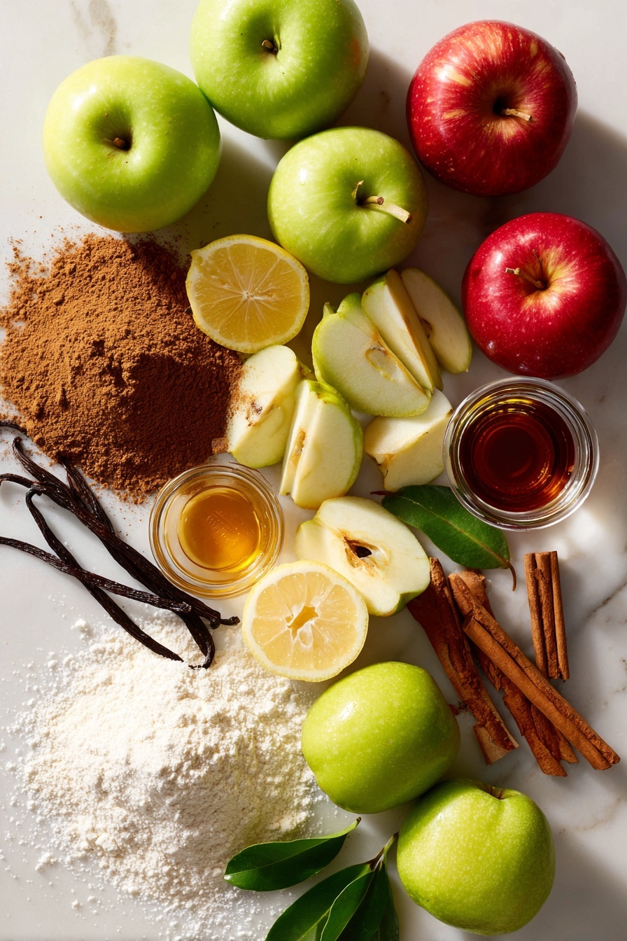 Perfect Vegan Apple Pie, vegan apple pie recipe, plant-based apple pie, homemade vegan dessert, dairy-free apple pie - Flat lay of a variety of fresh apples including bright green Granny Smiths and warm red Honeycrisps, some whole and some sliced to show their crisp texture, beside a small pile of golden vegan butter with a smooth, creamy look, a heap of ground cinnamon in rich brown powder form, scattered vanilla beans and a small glass jar of pure vanilla extract with a dark amber liquid inside, fresh lemon halves with bright yellow flesh and glossy green leaves, a neat mound of white granulated sugar sparkling softly in natural light, and a small pile of all-purpose flour with its fine, powdery texture, all beautifully arranged and contrasting on a clean white marbled surface, photo taken with an iphone --ar 2:3 --v 7