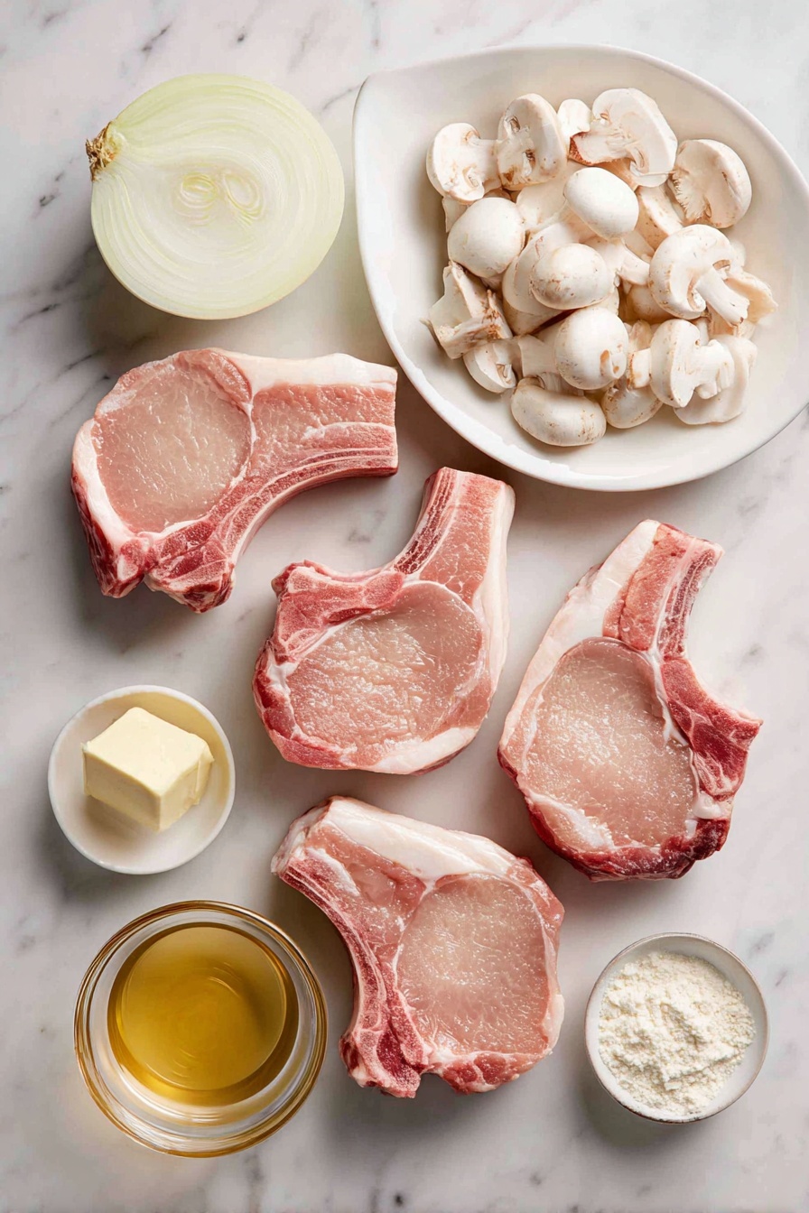 Easy Smothered Pork Chops, delicious pork chop dinner, comforting pork chop recipe, tender pork chops with gravy, simple pork chop meal - Flat lay of four thick bone-in pork chops, a large halved white onion sliced, a handful of sliced white mushrooms, a small pat of butter, a few cloves of minced garlic, a drizzle of olive oil in a small dish, a small mound of all-purpose flour, and a clear glass with chicken broth, placed on a white marble surface, photo taken with an iphone --ar 2:3 --v 7