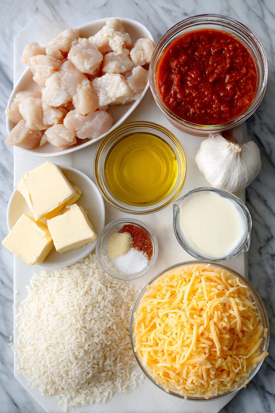 One Pot Queso Chicken and Rice, cheesy chicken and rice skillet, easy cheesy chicken dinner, Tex-Mex one pot meal, quick creamy chicken rice - Flat lay of a small pile of cubed raw chicken breast, two tablespoons of golden olive oil in a small glass dish, a few pats of salted butter, one small diced yellow onion, a mound of long grain white rice, three peeled garlic cloves finely minced, a clear jar filled with red salsa, a small heap of ground cumin and chili powder, a small jug of creamy heavy cream, and two generous piles of shredded cheddar cheese, placed on a white marble surface, photo taken with an iphone --ar 2:3 --v 7