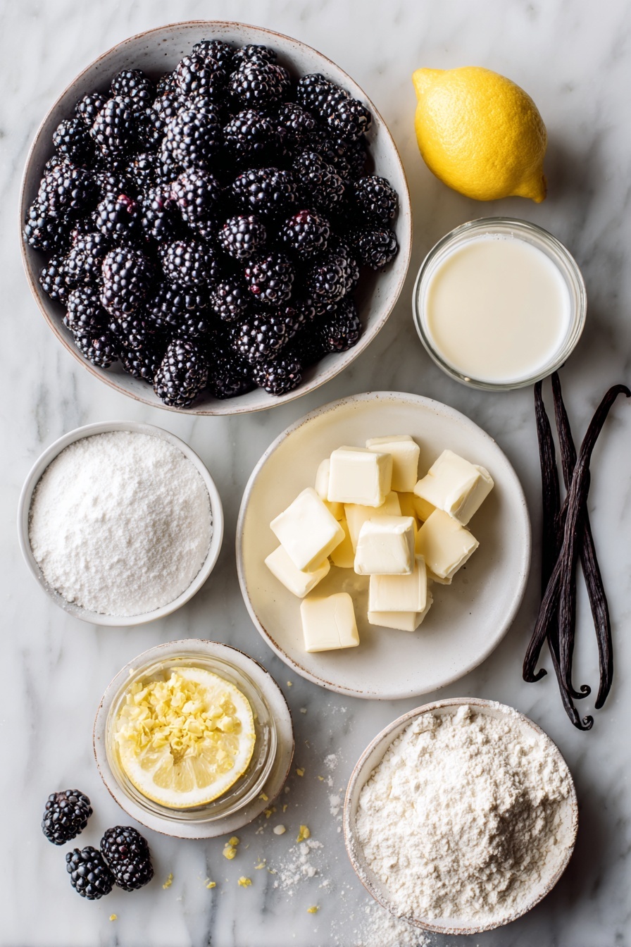 Old Fashioned Blackberry Cobbler, Blackberry Cobbler Recipe, Easy Blackberry Dessert, Classic Berry Cobbler, Juicy Blackberry Crumble - Flat lay of a large bowl overflowing with fresh blackberries, a lemon cut in half with zest sprinkled nearby, a small mound of white granulated sugar, a tiny bowl of cornstarch, a stick of cold butter diced into cubes, a small bowl of all-purpose flour next to powdered sugar dusted lightly around it, a glass of creamy half and half, and a few vanilla beans and baking powder scattered artistically, placed on a white marble surface, photo taken with an iphone --ar 2:3 --v 7