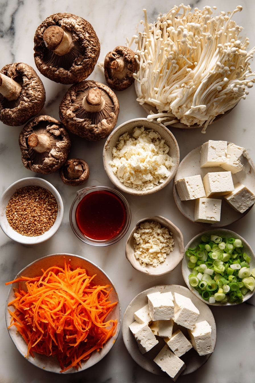 Easy Vegan Ramen, vegan ramen recipe, plant-based ramen, simple vegan noodle bowl, healthy vegan soup - Flat lay of fresh shiitake mushrooms with their textured caps, bright orange shredded carrots in a neat pile, thinly sliced scallions showing their vibrant green and white layers, small mounds of finely grated ginger and minced garlic, scattered toasted sesame seeds sparkling, firm cubes of extra-firm tofu with a creamy white color, and a small bowl of deep red sriracha sauce, all beautifully arranged on a white marble surface, photo taken with an iphone --ar 2:3 --v 7