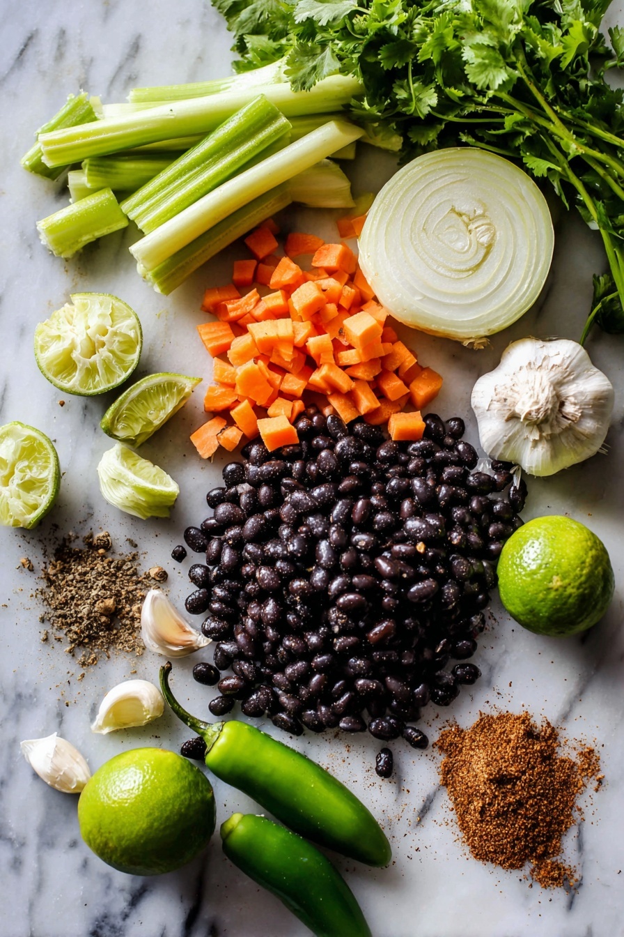 Vegan Black Bean Soup, vegan black bean soup recipe, healthy black bean soup, hearty vegan soup, easy vegan black bean dish - Flat lay of black beans scattered next to diced orange carrots, chopped celery ribs, a whole large onion sliced in half showing its layers, several cloves of garlic with papery skins, fresh lime cut into wedges, a small heap of ground cumin powder, bright green cilantro leaves, and a few spicy jalapeños, all beautifully arranged on a white marble surface, photo taken with an iphone --ar 2:3 --v 7