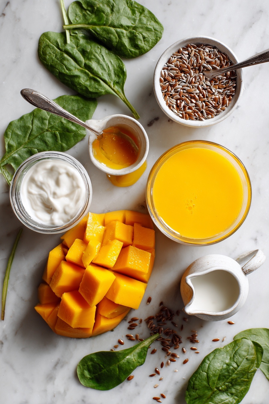Refreshing Mango Smoothie, mango smoothie, healthy smoothie, easy fruit smoothie, summer smoothie recipes - Flat lay of bright orange frozen mango chunks, a small glass of vibrant orange juice, a dollop of creamy white coconut yogurt, smooth coconut milk in a small jug, a drizzle of golden agave syrup in a spoon, fresh green baby spinach leaves scattered around, and a handful of light brown flax seeds, all beautifully arranged on a white marble surface, photo taken with an iphone --ar 2:3 --v 7