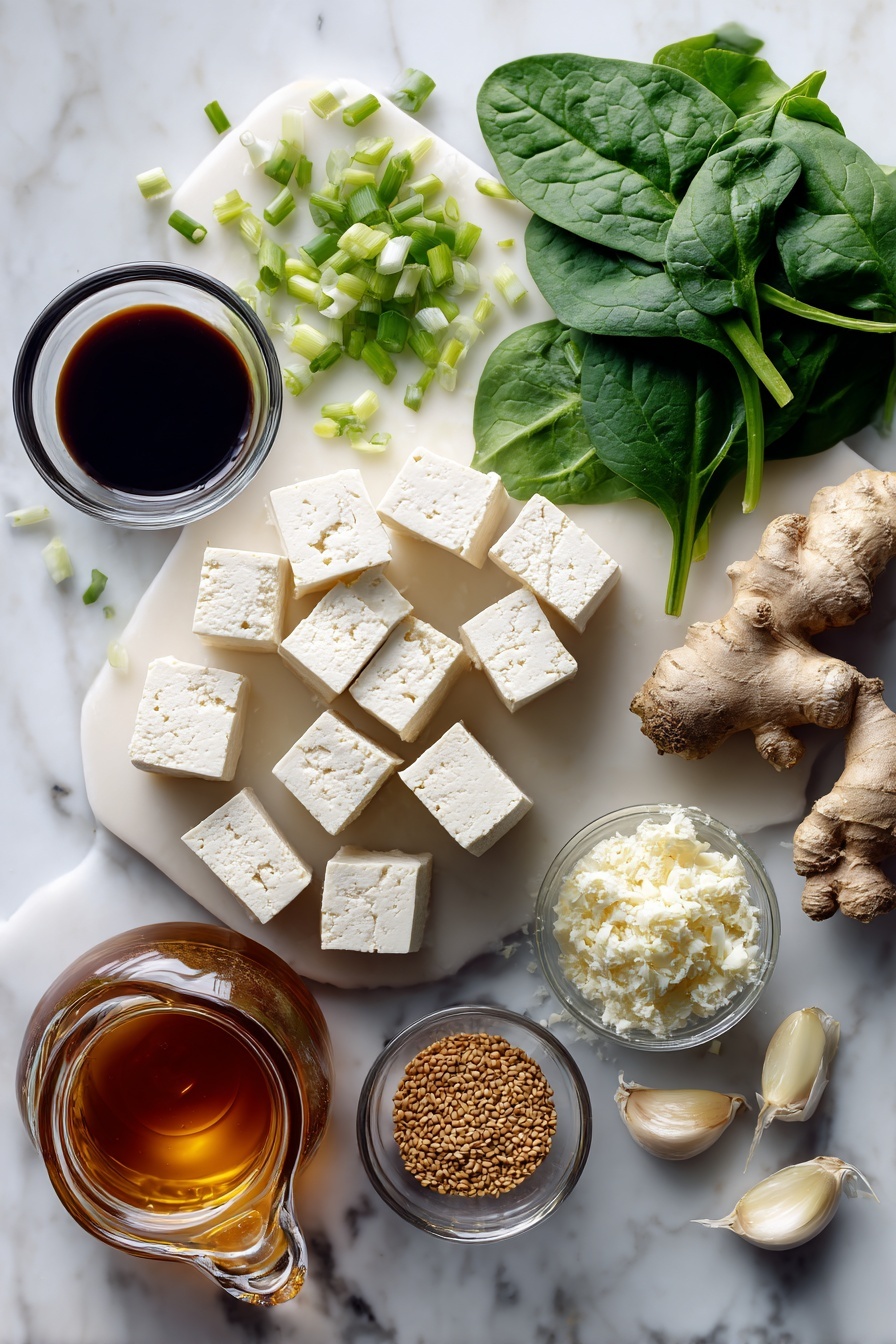 Quick One Pan Tofu Stir Fry, tofu stir fry recipe, easy tofu stir fry, healthy weeknight dinner, vegetarian stir fry - Flat lay of a block of extra-firm tofu cut into cubes, fresh green onions sliced into rings, vibrant baby spinach leaves, peeled garlic cloves, a small pile of fresh grated ginger, a small bowl of dark soy sauce, a glass container of amber maple syrup, and golden sesame seeds beautifully arranged in clusters, placed on a white marble surface, photo taken with an iphone --ar 2:3 --v 7