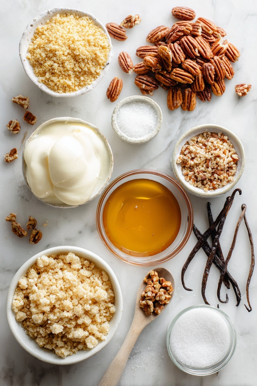 Angel Pecan Pie HoneySweet Pecan Pie Fluffy Pecan Pie Buttery Crust Pecan Pie - Flat lay of finely crushed golden butter crackers, whole and chopped glossy pecans, fresh egg whites in a soft peak form, smooth vanilla beans split open, rich and creamy heavy whipping cream, amber-colored real maple syrup in a small pool, scattered granulated white sugar crystals, and a sprinkle of baking powder, all beautifully arranged with natural light highlighting their textures and colors, placed on a white marble surface, photo taken with an iphone --ar 2:3 --v 7