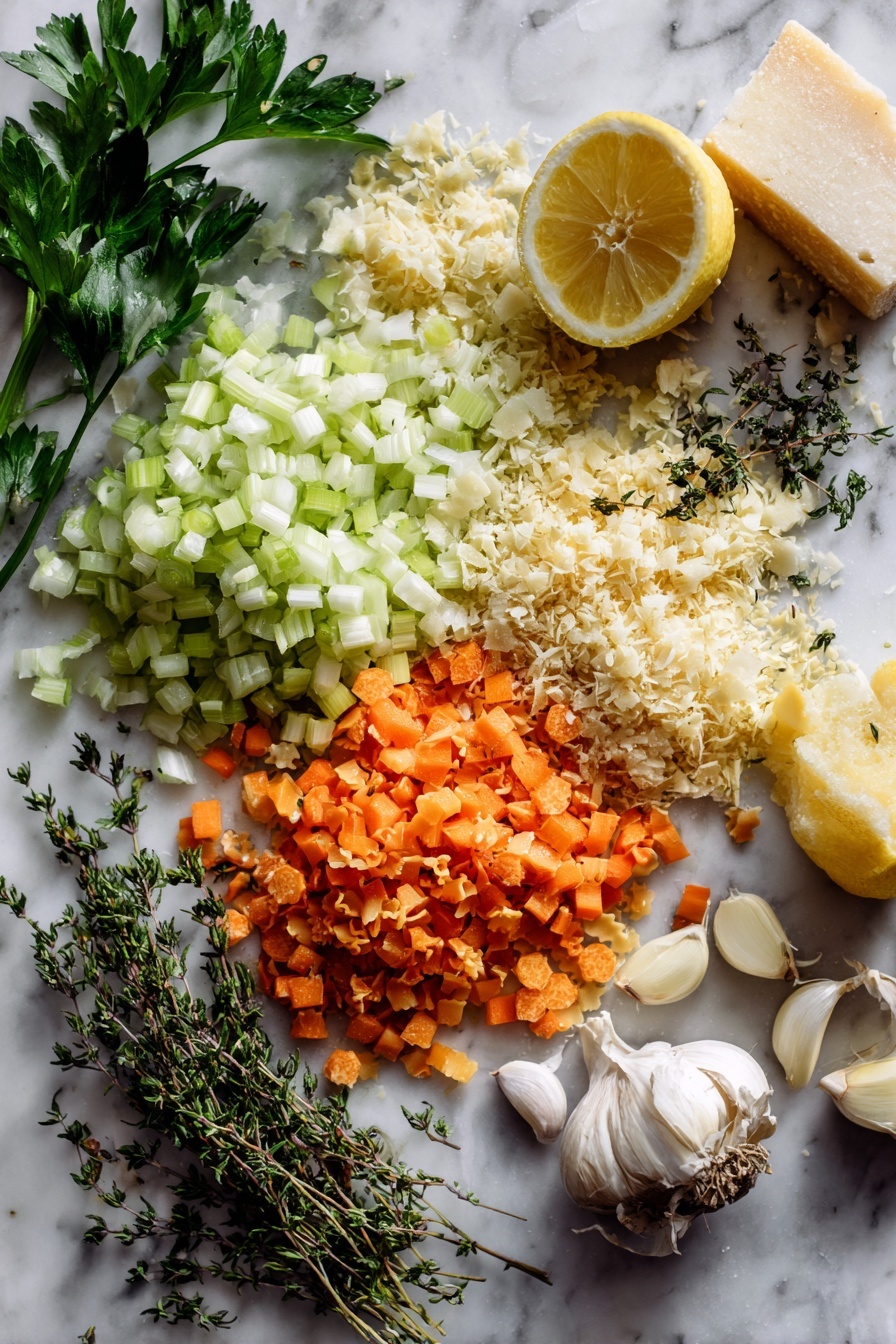 Italian Pastina Soup, comfort food recipes, easy Italian soups, cozy pasta soup, nourishing soup recipes - Flat lay of finely diced celery, carrot, and onion, whole garlic cloves, fresh thyme sprigs, uncooked pastina pasta, fresh parsley leaves, a halved lemon, and a wedge of parmesan cheese, all beautifully arranged with vibrant colors and natural textures, placed on a white marble surface, photo taken with an iphone --ar 2:3 --v 7