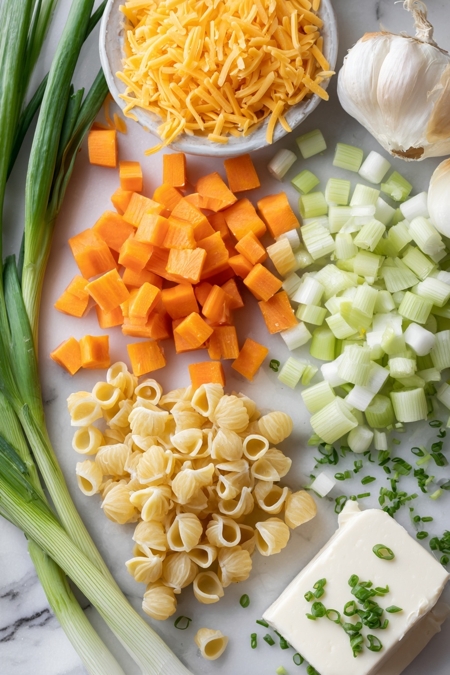Mac & Cheese Soup, cheesy soup recipe, comfort food recipes, creamy cheese soup, easy cheesy soup - Flat lay of diced orange carrots, diced pale green celery stalks, a whole peeled onion with layers visible, peeled garlic cloves scattered nearby, a block of creamy white cream cheese, bright yellow shredded cheddar cheese heaps, uncooked small pasta shells, fresh green chives and sliced green onions sprinkled artfully, placed on a white marble surface, photo taken with an iphone --ar 2:3 --v 7