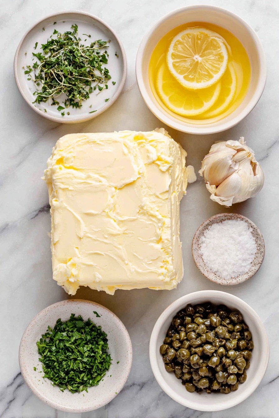Lemon Caper Sauce, lemon caper sauce recipe, tangy seafood sauce, quick lemon sauce, versatile chicken and shrimp sauce - Flat lay of a small mound of unsalted butter, a single small garlic clove, a small white ceramic bowl filled with freshly squeezed lemon juice, a small white ceramic bowl holding green capers, a few sprigs of finely chopped fresh parsley, and a small white ceramic bowl of kosher salt, all arranged with perfect symmetry on a clean white marble surface, soft natural light, photo taken with an iPhone, professional food photography style, fresh ingredients, white ceramic bowls, no bottles, no duplicates, no utensils, no packaging --ar 2:3 --v 7 --p awthu7i m7354615311229779997
