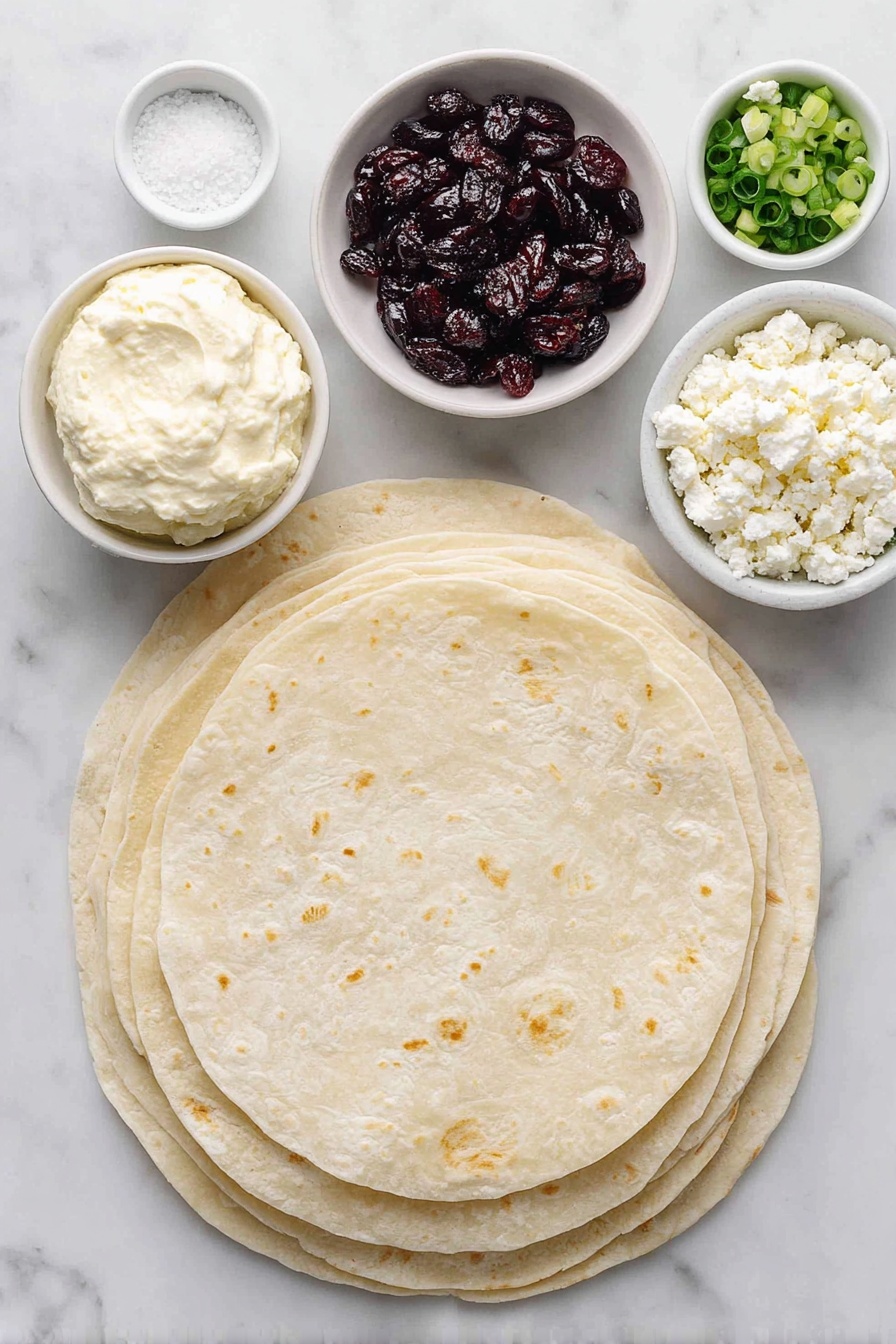 Cranberry Feta Pinwheels, Cranberry Feta Wraps, Easy Holiday Appetizer, No-Bake Cranberry Pinwheels, Festive Cheese Appetizer - Flat lay of fresh whole spinach tortillas stacked neatly, a smooth mound of softened cream cheese in a small white ceramic bowl, a small white bowl filled with plump dried cranberries, a small white bowl with crumbled feta cheese, a small white bowl containing freshly sliced green onions, a small white bowl holding fine white sugar crystals, all arranged in perfect symmetry on a clean white marble surface, soft natural light, photo taken with an iPhone, professional food photography style, fresh ingredients, white ceramic bowls, no bottles, no duplicates, no utensils, no packaging --ar 2:3 --v 7 --p awthu7i m7354615311229779997
