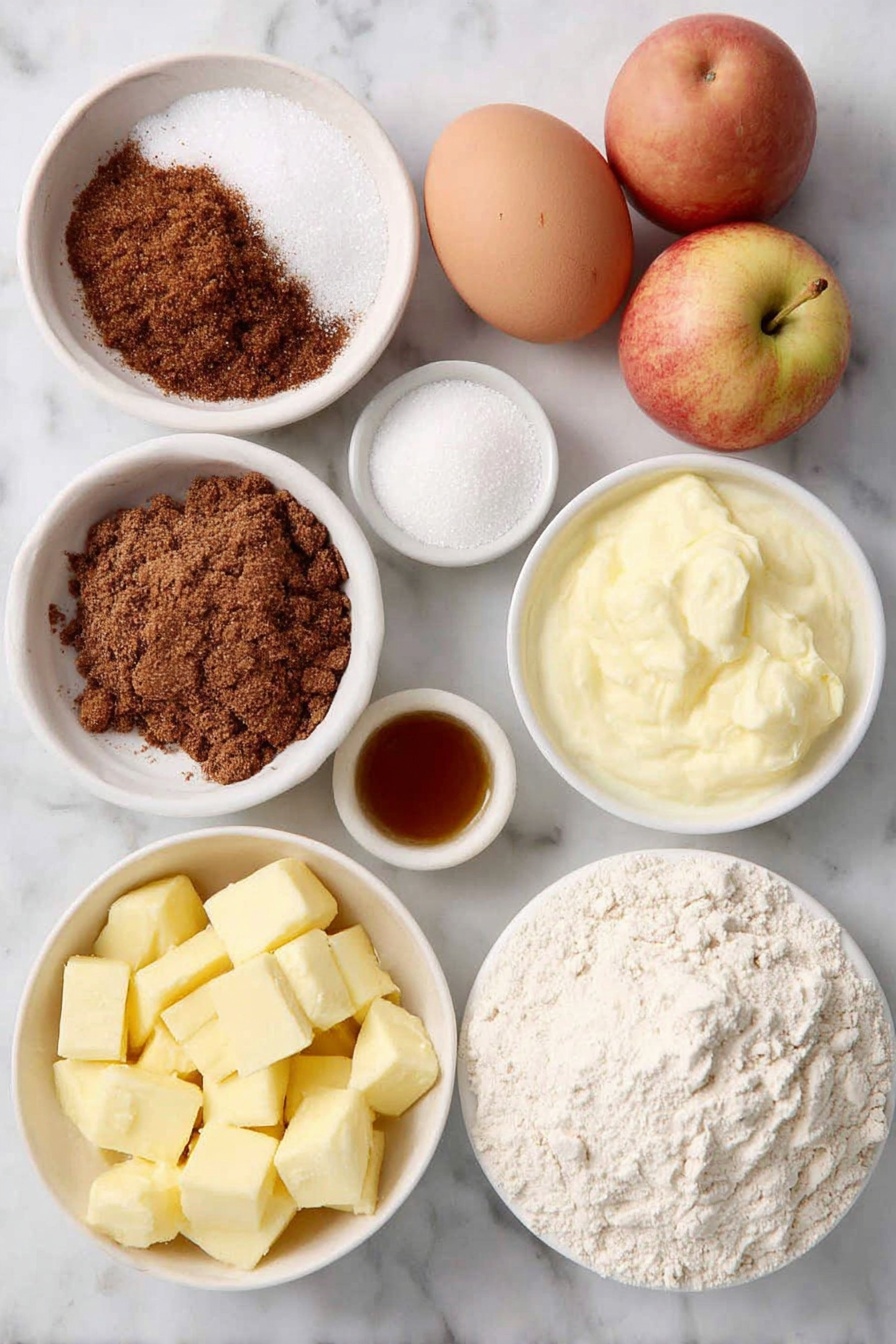 Apple Cinnamon Crumb Muffins, apple cinnamon muffins, cinnamon apple muffins, apple crumb muffins, fall breakfast muffins - Flat lay of a small pile of light and dark brown sugar crystals, a small mound of granulated white sugar, a teaspoon of ground cinnamon as a fine powder, a few chunks of unsalted butter melting slightly, a small heap of all-purpose flour, two large whole uncracked brown eggs, a small white bowl filled with creamy plain yogurt, a small white bowl with pale golden milk, two medium peeled and chopped fresh apples with visible skin edges, and a small white bowl containing pure vanilla extract placed on a clean white marble surface, soft natural light, photo taken with an iPhone, professional food photography style, fresh ingredients, white ceramic bowls, no bottles, no duplicates, no utensils, no packaging --ar 2:3 --v 7 --p awthu7i m7354615311229779997