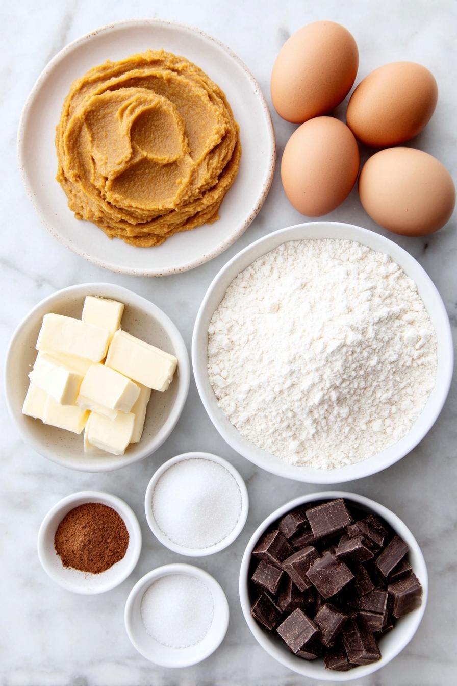 Chewy Pumpkin Chocolate Chip Cookies, pumpkin chocolate chip cookies, fall cookie recipes, pumpkin desserts, soft pumpkin cookies - Flat lay of a small mound of cold unsalted butter with a pale yellow hue, a neat pile of bright orange smooth pumpkin puree spread on a simple white plate, two large brown eggs with clean shells, a small white bowl filled with fine white granulated sugar, a small white bowl containing light golden packed brown sugar, a small white bowl holding pure vanilla extract, a small neat heap of all-purpose flour, a small white bowl with warm-toned pumpkin spice powder, a small white bowl with fine white baking soda powder, a small white bowl of fine sea salt, and a small white bowl overflowing with glossy dark chocolate chunks, all arranged in perfect symmetry on a clean white marble surface, soft natural light, photo taken with an iPhone, professional food photography style, fresh ingredients, white ceramic bowls, no bottles, no duplicates, no utensils, no packaging --ar 2:3 --v 7 --p awthu7i m7354615311229779997