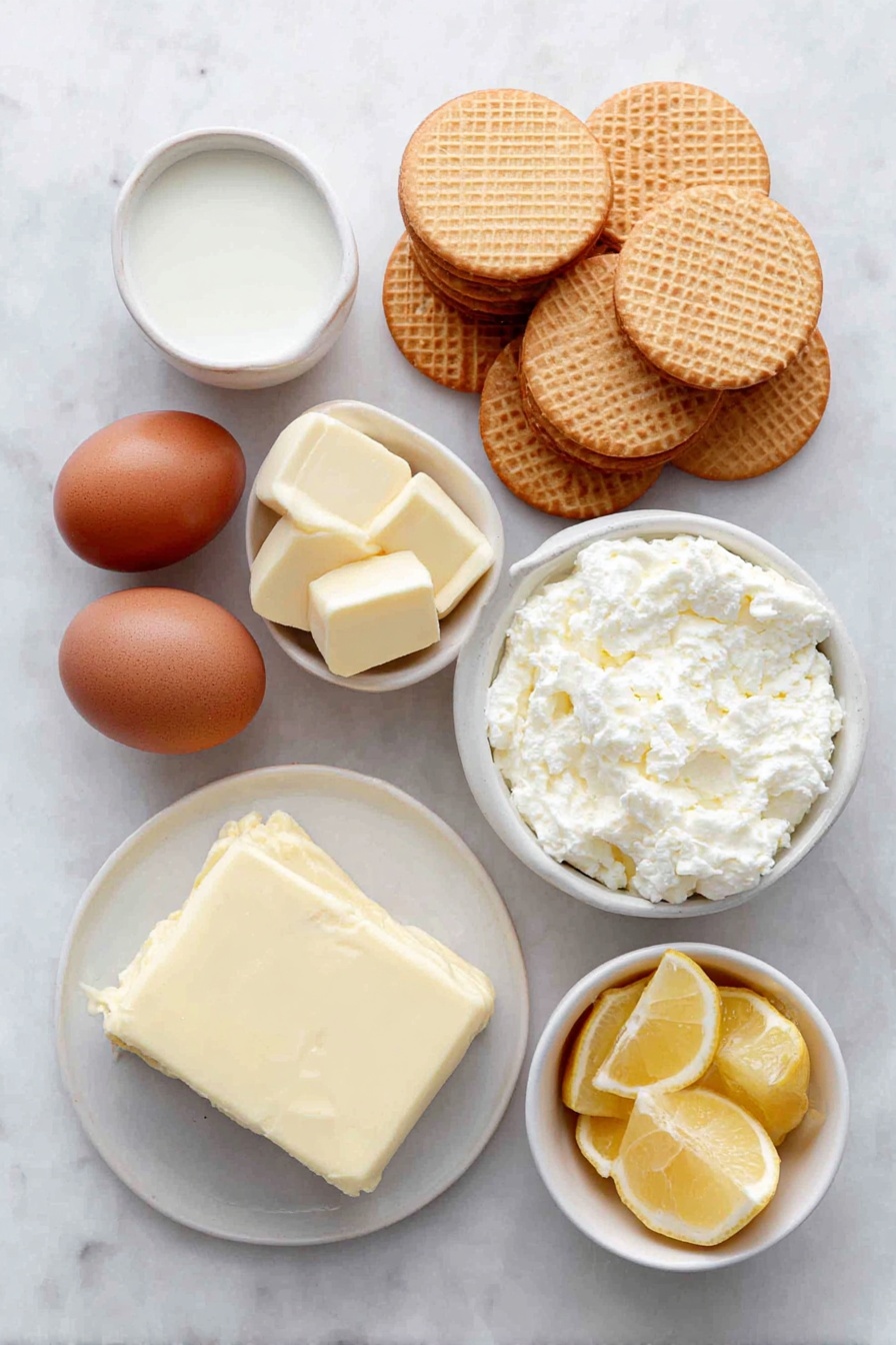 No-Bake Cheesecake with Condensed Milk, no-bake cheesecake, quick dessert recipes, easy cheesecake, creamy cheesecake - Flat lay of whole vanilla wafers arranged in a neat cluster, a few pats of smooth salted butter on a simple white ceramic plate, two uncracked brown eggs with clean shells, a small white ceramic bowl filled with glossy sweetened condensed milk, a block of dense cream cheese with a creamy texture on a white ceramic dish, and a small white ceramic bowl holding fresh lemon wedges, placed on a clean white marble surface, soft natural light, photo taken with an iPhone, professional food photography style, fresh ingredients, white ceramic bowls, no bottles, no duplicates, no utensils, no packaging --ar 2:3 --v 7 --p awthu7i m7354615311229779997