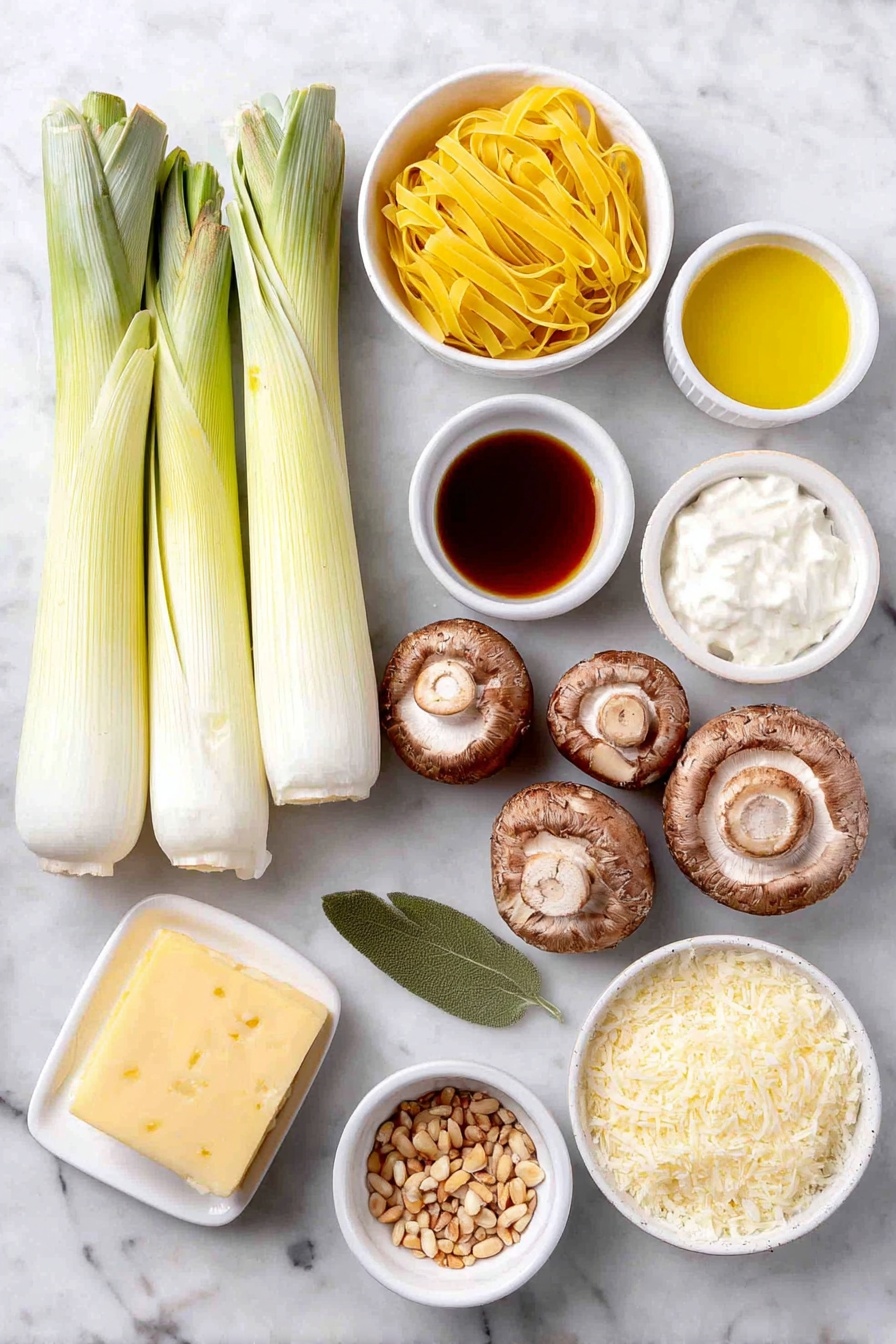 Caramelized Leek and Mushroom Pasta, leek and mushroom pasta, caramelized leek recipe, mushroom pasta with creamy sauce, comforting vegetable pasta - Flat lay of fresh sliced pale green leeks, whole oyster mushrooms with smooth caps, a small mound of uncooked yellow fettuccine pasta, a few whole sage leaves, four whole uncracked brown garlic cloves, a small white bowl of golden olive oil, a small white bowl of creamy white butter, a small white bowl of thick heavy cream, a small white bowl of dark balsamic vinegar, a small white bowl of amber sherry wine, a small white bowl of finely grated pale yellow gruyere cheese, a small white bowl of toasted light brown pine nuts, a small white bowl of bright yellow lemon zest, scattered whole black peppercorns, coarse sea salt crystals, all arranged symmetrically and balanced on a clean white marble surface, soft natural light, photo taken with an iPhone, professional food photography style, fresh ingredients, white ceramic bowls, no bottles, no duplicates, no utensils, no packaging --ar 2:3 --v 7 --p awthu7i m7354615311229779997