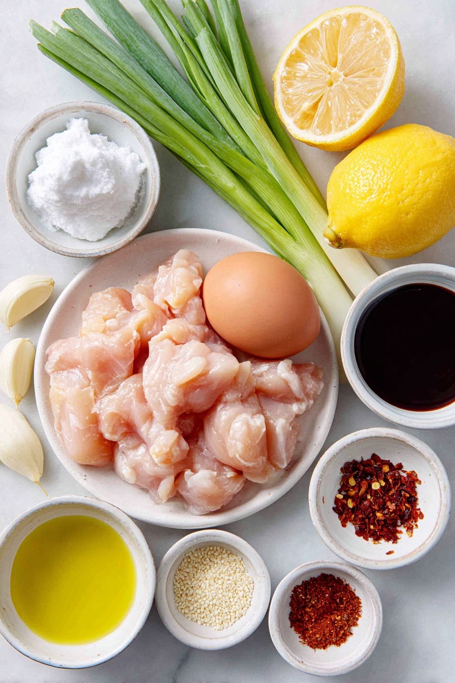 Sticky Honey Lemon Chicken, honey lemon chicken, quick chicken dinner, easy Asian chicken recipe, flavorful chicken stir-fry - Flat lay of boneless skinless chicken breasts cut into thin bite-sized pieces, a whole clean brown egg, a small mound of white cornstarch on a simple white ceramic plate, a few peeled fresh garlic cloves grated, a piece of fresh ginger root grated, thinly sliced scallions arranged neatly, a small pile of toasted sesame seeds, a whole lemon cut in half showing bright yellow zest and juice, a small white ceramic bowl of golden honey, a small white ceramic bowl with dark low-sodium soy sauce, a small white ceramic bowl of light golden olive oil, a small white ceramic bowl with pale rice wine vinegar, and a small white ceramic bowl with crushed red chili flakes, all ingredients fresh and natural, balanced and symmetrical composition, placed on a clean white marble surface, soft natural light, photo taken with an iPhone, professional food photography style, fresh ingredients, white ceramic bowls, no bottles, no duplicates, no utensils, no packaging --ar 2:3 --v 7 --p awthu7i m7354615311229779997