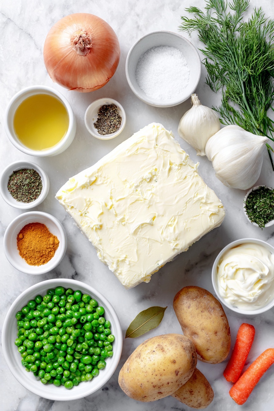 Creamy Polish Dill Soup, Polish dill soup recipe, hearty dill soup, easy Polish soup, comforting dill soup - Flat lay of a small cube of unsalted butter, one whole brown onion, two whole garlic cloves, three peeled and diced carrots, two chopped scallions showing their white and light green parts, a small white ceramic bowl of coarse salt, a small white ceramic bowl of whole black peppercorns, a small white ceramic bowl of dried marjoram, a small white ceramic bowl of ground turmeric, a small white ceramic bowl of ground nutmeg, one fresh bay leaf, three peeled and diced waxy potatoes, a small white ceramic bowl of bright green frozen peas, a small white ceramic bowl filled with golden chicken broth, a small white ceramic bowl of full fat sour cream at room temperature, and a small pile of freshly chopped dill on a simple white ceramic plate, all arranged symmetrically and evenly spaced, placed on a clean white marble surface, soft natural light, photo taken with an iPhone, professional food photography style, fresh ingredients, white ceramic bowls, no bottles, no duplicates, no utensils, no packaging --ar 2:3 --v 7 --p awthu7i m7354615311229779997