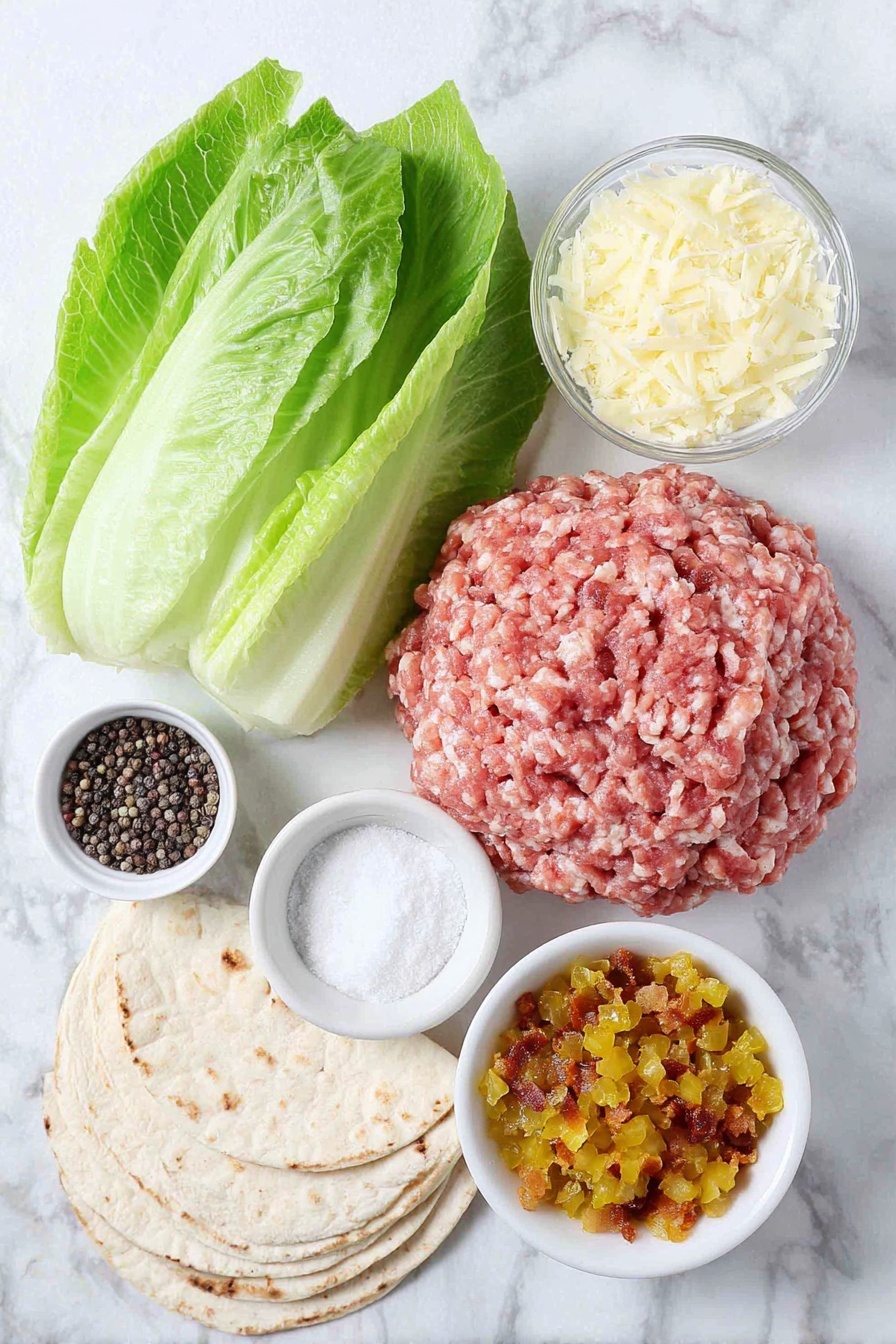 Smash Chicken Caesar Tacos, chicken Caesar tacos, crispy chicken tacos, easy taco recipes, flavorful taco dinner - Flat lay of fresh ground chicken in a small mound, a small white bowl of garlic powder, a small white bowl of coarse salt, a small white bowl of black peppercorns, a neat stack of small soft flour tortillas, a halved head of crisp romaine lettuce showing vibrant green leaves, a small white bowl filled with creamy Caesar dressing, a small white bowl of finely grated parmesan cheese, and a small white bowl with golden crispy bacon bits, all arranged in perfect symmetry on a clean white marble surface, soft natural light, photo taken with an iPhone, professional food photography style, fresh ingredients, white ceramic bowls, no bottles, no duplicates, no utensils, no packaging --ar 2:3 --v 7 --p m7354615311229779997