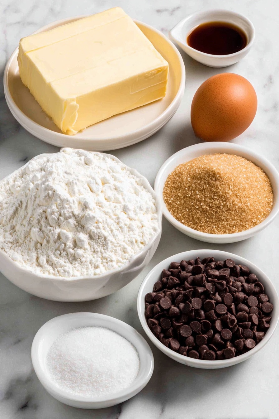 Chocolate Chip Cookie Cake, cookie cake recipe, chewy cookie cake, homemade cookie cake, easy chocolate chip cookie cake - Flat lay of room-temperature unsalted butter in a large white ceramic bowl, packed light brown sugar in a small white ceramic bowl, one whole large brown egg and one white egg yolk on a white ceramic dish, pure vanilla extract in a small white ceramic bowl, all-purpose flour in a simple white ceramic bowl, fine cornstarch in a small white ceramic bowl, baking soda in a small white ceramic bowl, fine salt in a small white ceramic bowl, semi-sweet chocolate chips scattered naturally on a white ceramic plate, placed on a clean white marble surface, soft natural light, photo taken with an iPhone, professional food photography style, fresh ingredients, white ceramic bowls, no bottles, no duplicates, no utensils, no packaging --ar 2:3 --v 7 --p m7354615311229779997