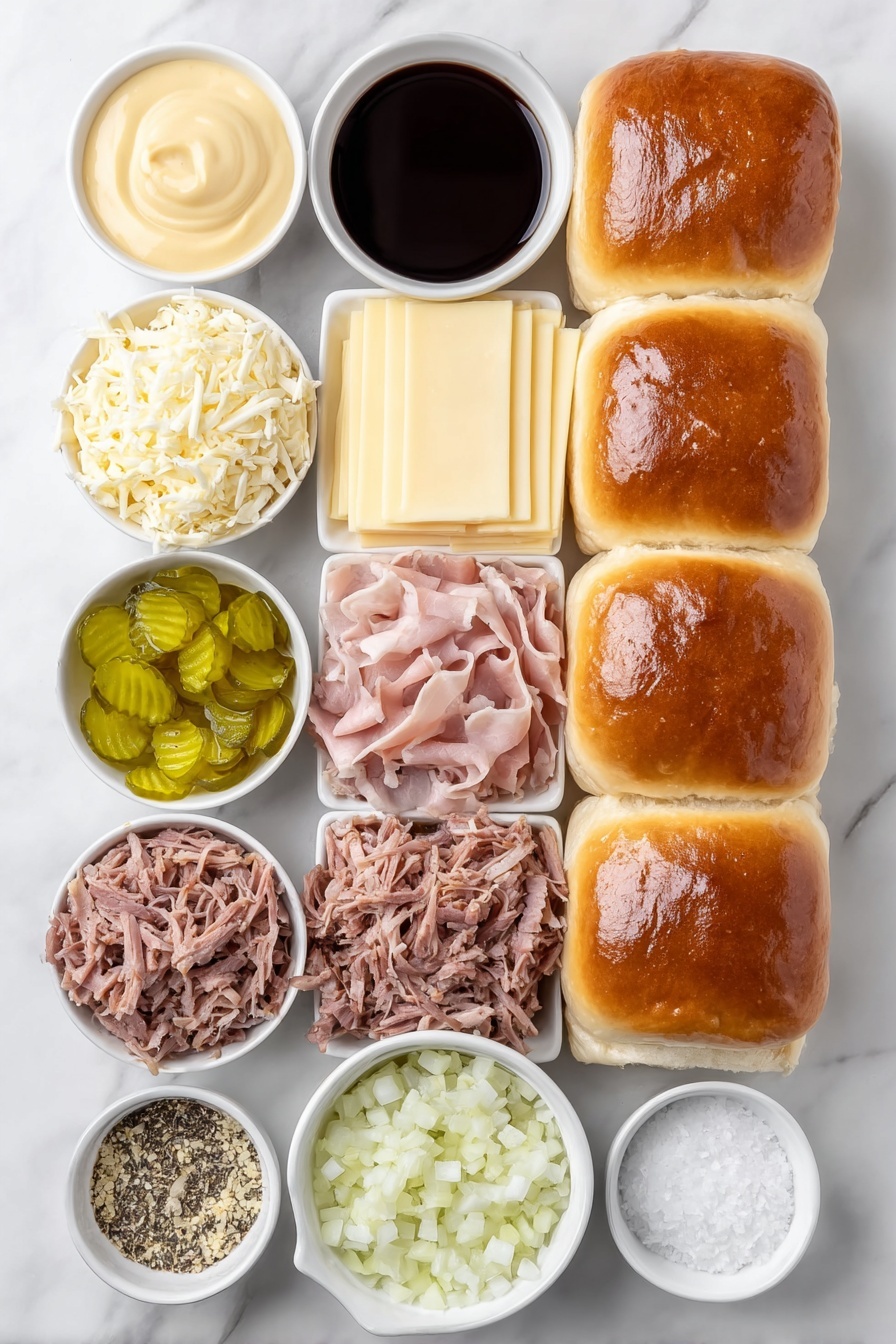 Cuban Pulled Pork Sliders, Cuban Pulled Pork, Pulled Pork Sliders, Hawaiian Roll Sliders, Easy Cuban Sandwiches - Flat lay of a stack of twelve glossy Hawaiian sweet dinner rolls, a small white ceramic bowl with smooth Dijon-style mustard, a small white ceramic bowl holding dark Worcestershire sauce, thinly sliced delicate pink deli ham arranged neatly, a mound of tender pulled pork with a rich, juicy texture, twelve slices of pale yellow Swiss cheese laid flat, a simple white ceramic bowl filled with bright green dill pickle chips, a small white ceramic bowl containing melted golden butter, a small white ceramic bowl with dried minced garlic flakes, a small white ceramic bowl with dried minced onion flakes, a small white ceramic bowl with tiny black poppy seeds, and a small white ceramic bowl holding large flaky sea salt crystals, all arranged symmetrically on a clean white marble surface, soft natural light, photo taken with an iPhone, professional food photography style, fresh ingredients, white ceramic bowls, no bottles, no duplicates, no utensils, no packaging --ar 2:3 --v 7 --p m7354615311229779997
