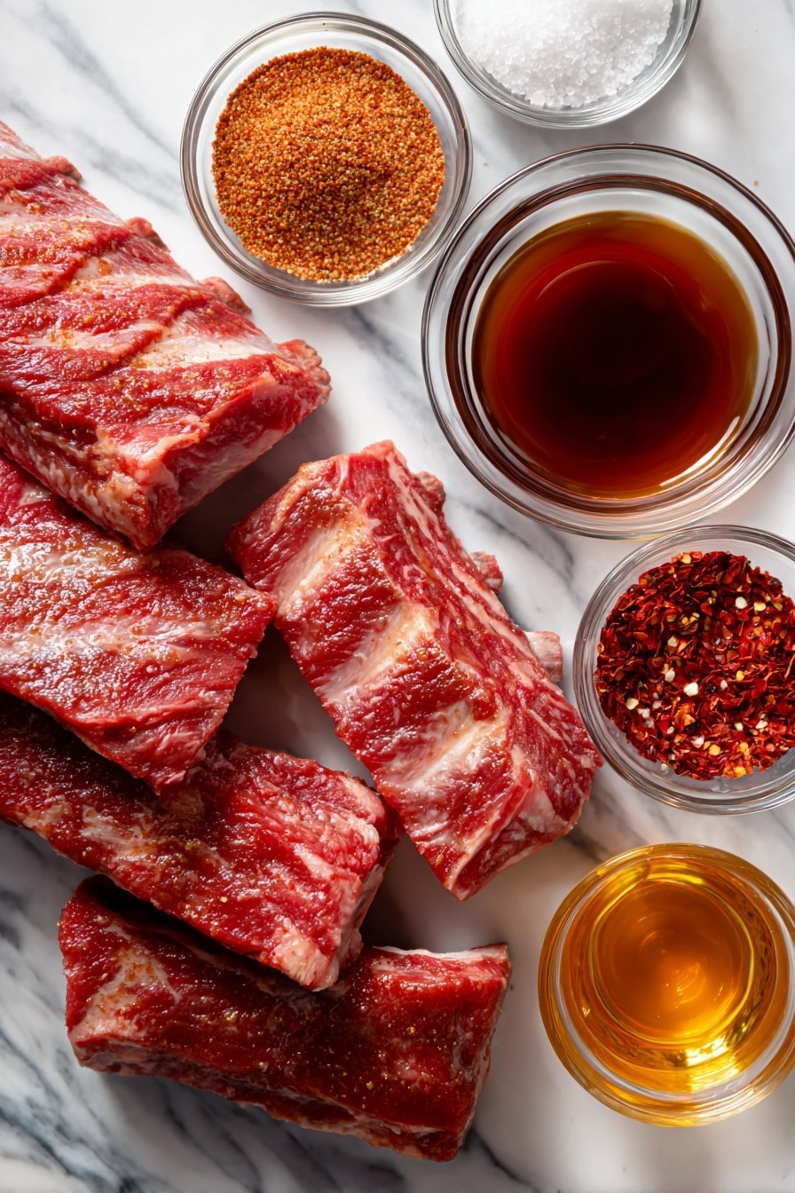 Crockpot Ribs, easy slow cooker ribs, tender fall-off-the-bone ribs, flavorful crockpot ribs recipe, simple ribs in slow cooker - Flat lay of fresh St. Louis-style pork spareribs with rich marbling, vibrant red smoked paprika powder, golden brown coarse brown sugar crystals, coarse white kosher salt, deep black ground pepper, bright red crushed red pepper flakes, a small clear glass bowl of dark reddish-brown BBQ sauce with glossy texture, and a small clear glass container of pale amber apple cider vinegar, all beautifully arranged with contrasting colors and textures, placed on white marbled surface, photo taken with an iphone --ar 2:3 --v 7