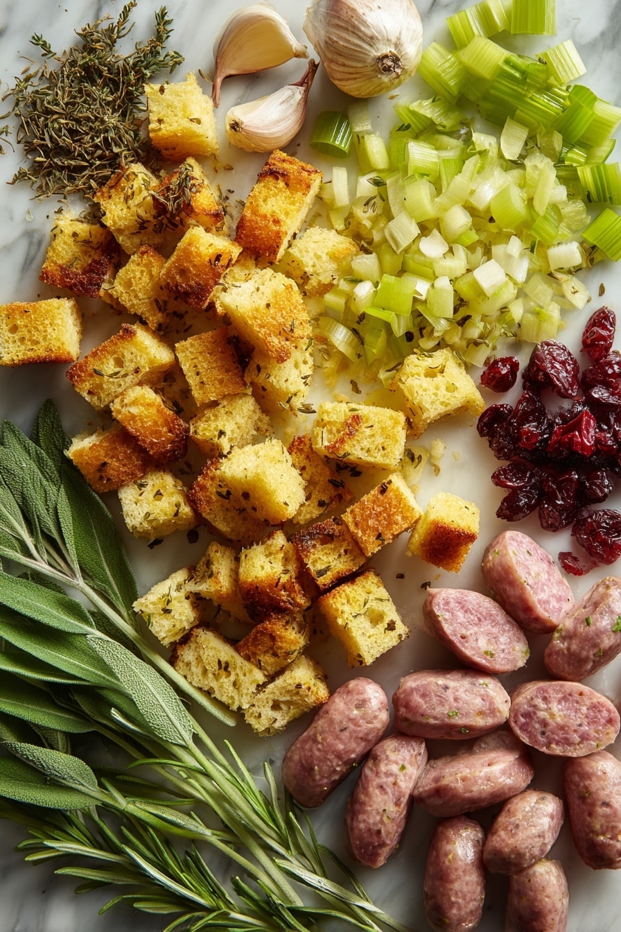 Sausage and Herb Stuffing with Cranberries, savory sausage stuffing recipe, holiday stuffing with cranberries, herb and sausage bread stuffing, festive bread stuffing - Flat lay of roughly chopped golden toasted bread cubes with a crispy texture, fresh plump Italian sausage links in their natural pinkish-beige color with specks of herbs, finely chopped translucent yellow onions, bright green celery stalks sliced into small pieces, peeled large garlic cloves with smooth white surfaces, vibrant green flat-leaf parsley leaves alongside fresh sage and rosemary sprigs showcasing textured, needle-like leaves, small clusters of deep red dried cranberries with a wrinkled surface, all arranged naturally with some herbs sprinkled loosely, placed on white marbled surface, photo taken with an iphone --ar 2:3 --v 7
