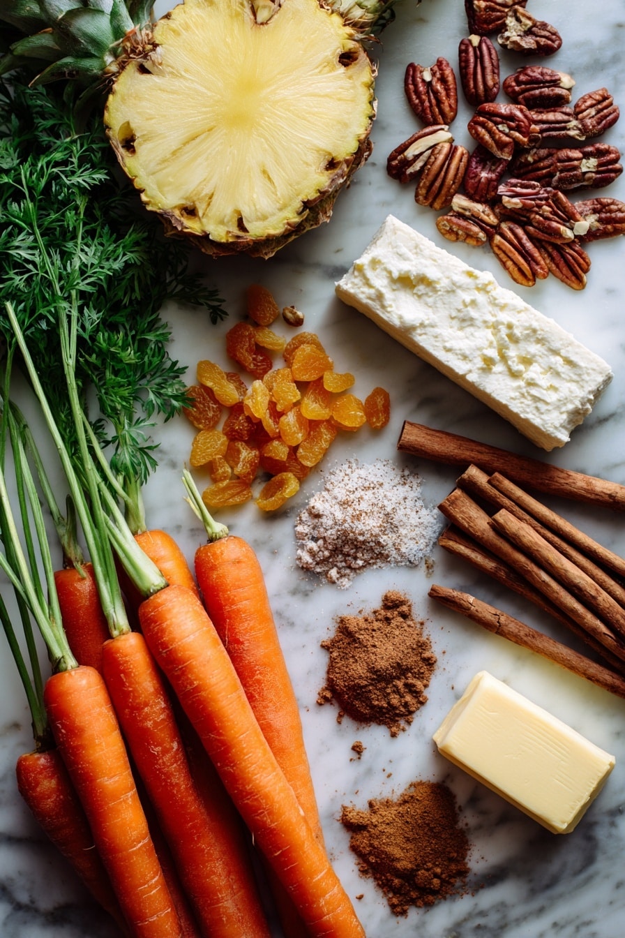 Classic Carrot Cake with Cream Cheese Frosting, moist carrot cake recipe, easy carrot cake, homemade carrot cake, best carrot cake frosting - Flat lay of fresh bright orange whole carrots with leafy green tops, a small pile of light brown crushed pecans, golden raisins scattered nearby, a halved ripe pineapple showing juicy yellow flesh, a smooth block of creamy white cream cheese, a stick of pale yellow butter, whole cinnamon sticks with warm reddish-brown tones, and small piles of ground cinnamon and nutmeg powders in soft brown shades, all beautifully arranged with natural textures and rich colors, placed on white marbled surface, photo taken with an iphone --ar 2:3 --v 7