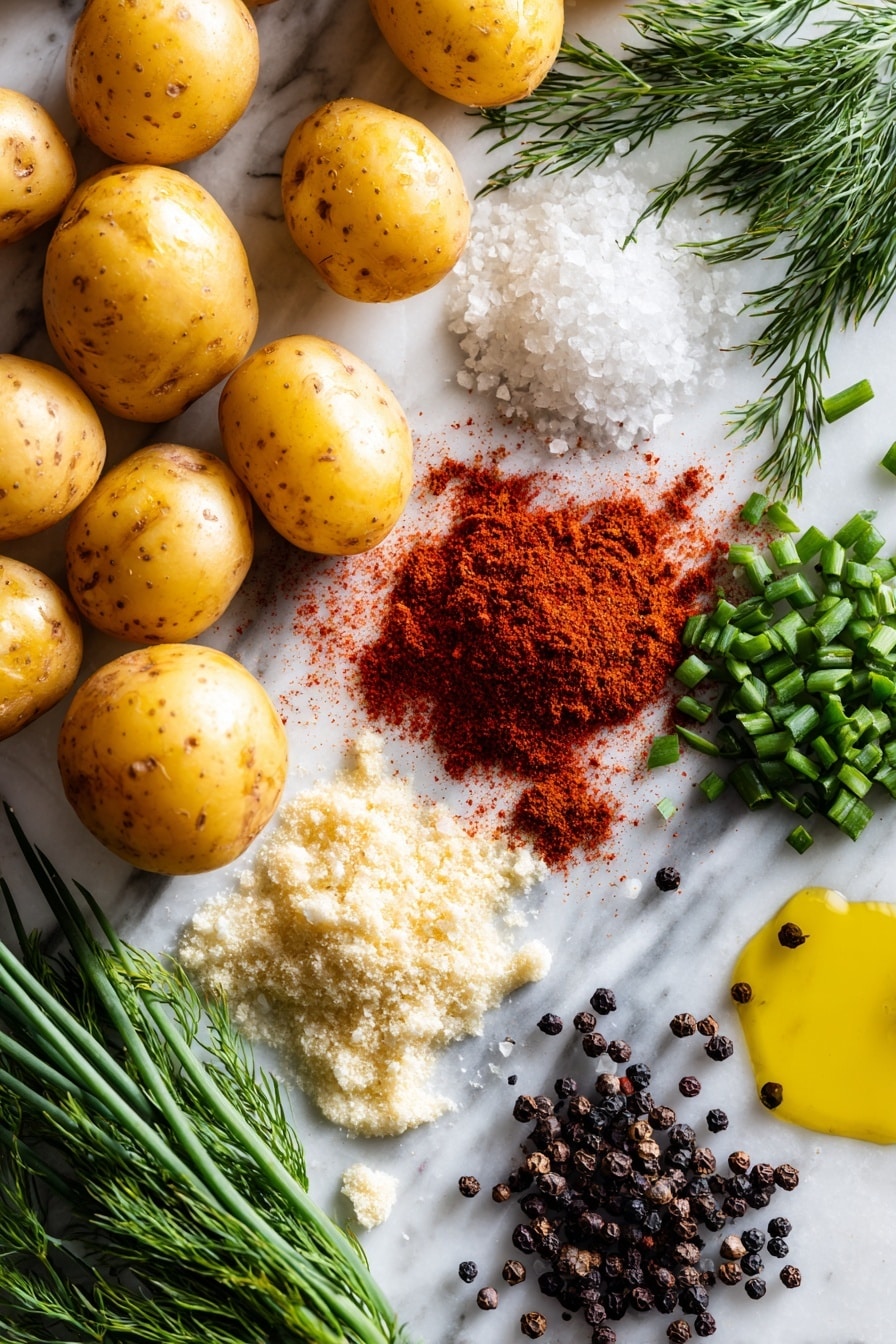 Smashed Potatoes with Garlic Paprika and Fresh Herbs, crispy smashed potatoes, flavorful potato side dish, garlic and herb smashed potatoes, easy baked potato recipes - Flat lay of small golden potatoes with smooth, waxy skin, fresh green dill sprigs, and finely chopped bright green chives, scattered piles of smoked paprika in rich red powder, garlic powder and onion powder in soft off-white mounds, coarse flaky sea salt crystals sparkling white, whole black peppercorns with a glossy finish, and a small puddle of golden extra-virgin olive oil glistening softly, all beautifully arranged with natural spacing and gentle overlaps, placed on white marbled surface, photo taken with an iphone --ar 2:3 --v 7