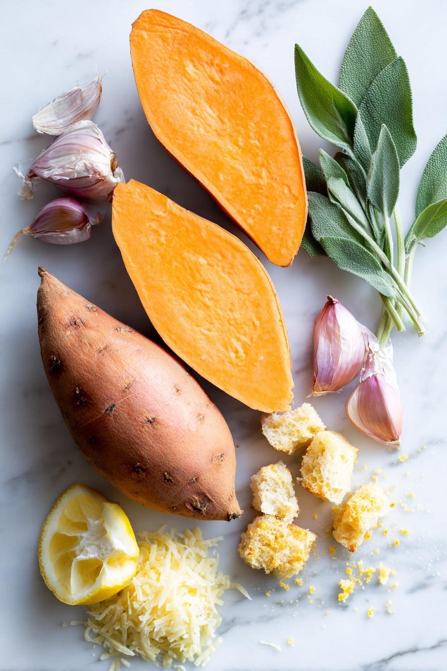 Savory Sweet Potato Casserole with Sage and Parmesan, sweet potato casserole with sage and Parmesan, savory sweet potato bake, roasted sweet potato side dish, comforting sweet potato recipes - Flat lay of bright orange sweet potatoes halved lengthwise with smooth, slightly rough skin, fresh green sage leaves crisp and vibrant, small golden craggy sourdough bread pieces with textured crust, a plump light purple shallot bulb broken into chopped pieces showing glossy layers, a small pile of finely grated pale yellow Parmesan cheese, a fresh lemon wedge with bright yellow zest curls, and a small heap of golden brown toasted bread crumbs, arranged naturally with some overlapping and soft shadows, placed on white marbled surface, photo taken with an iphone --ar 2:3 --v 7