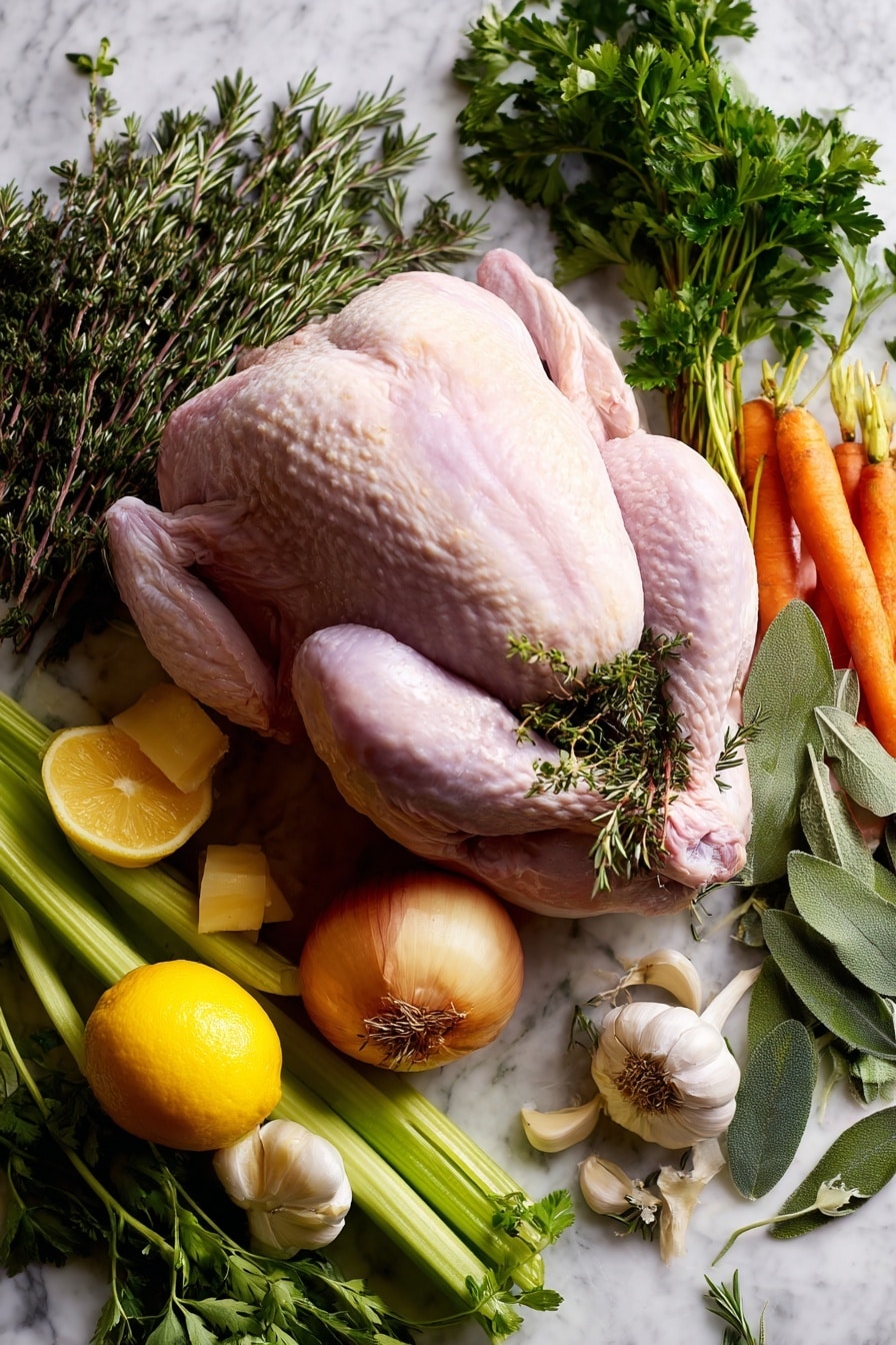 Best Thanksgiving Turkey, Thanksgiving turkey recipe, Juicy turkey, Crispy turkey skin, Holiday turkey ideas - Flat lay of a whole raw turkey with pale pink skin, surrounded by fresh herbs including vibrant green parsley, thyme, rosemary, and sage sprigs, a bright yellow lemon with textured skin and fresh zest curls, a medium yellow onion quartered to show its layers, deep orange carrot chunks with a smooth matte surface, and crisp celery stalks cut into thirds revealing their fibrous interior, all arranged naturally with scattered bay leaves and whole garlic cloves showing their papery white skins, placed on white marbled surface, photo taken with an iphone --ar 2:3 --v 7