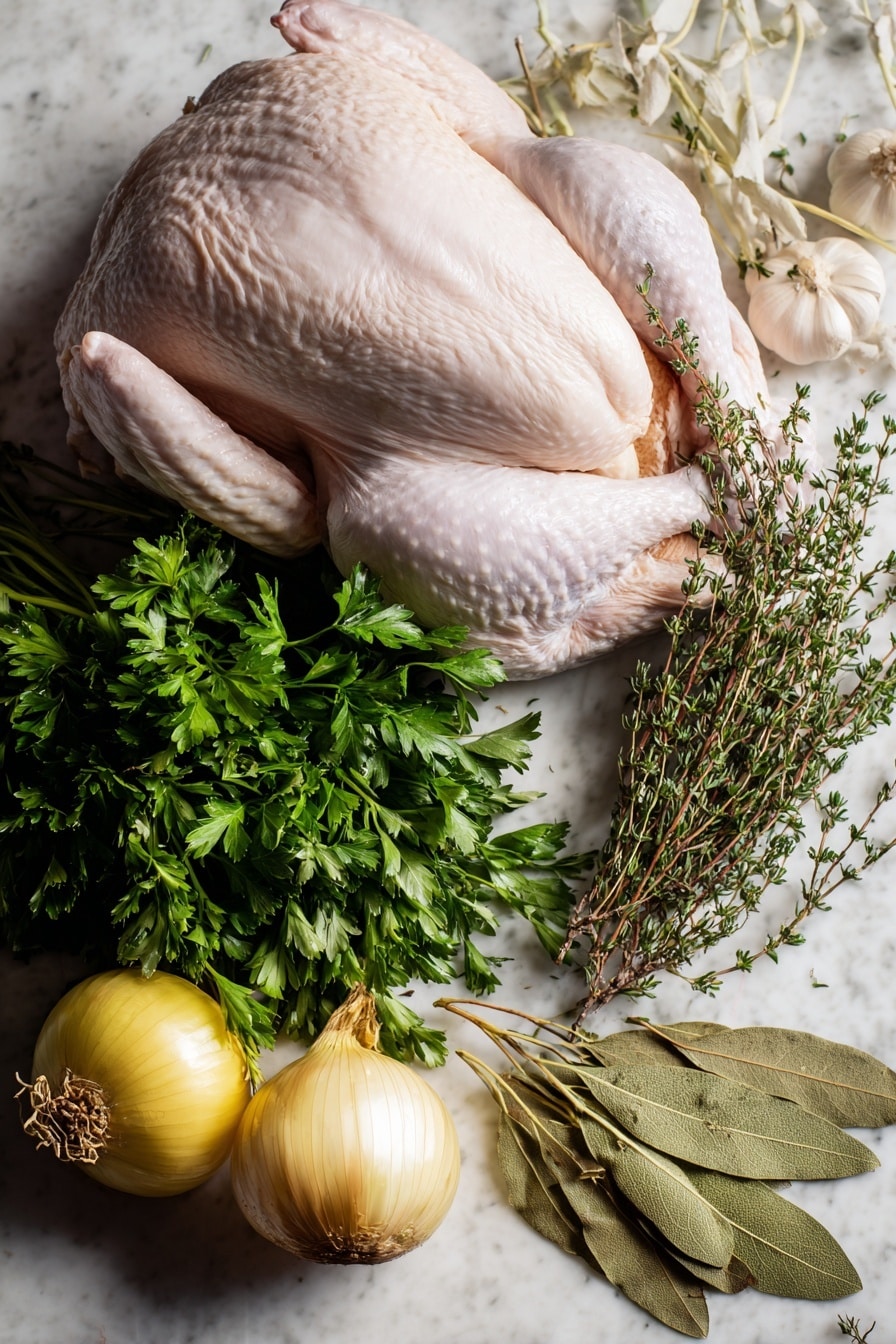 Roasted Herb Butter Turkey, Herb Butter Turkey, Juicy Roast Turkey, Easy Turkey Roast, Holiday Turkey - Flat lay of fresh whole turkey with smooth pale skin, a small bunch of vibrant green Italian parsley with delicate leaves, fresh thyme sprigs showing tiny green leaves on woody stems, a bright yellow quartered onion revealing its crisp layers, a head of garlic cut in half showcasing creamy white cloves with papery skin, and dried bay leaves with deep olive-green color and leathery texture, all naturally arranged with their colors and textures contrasting beautifully, placed on white marbled surface, photo taken with an iphone --ar 2:3 --v 7