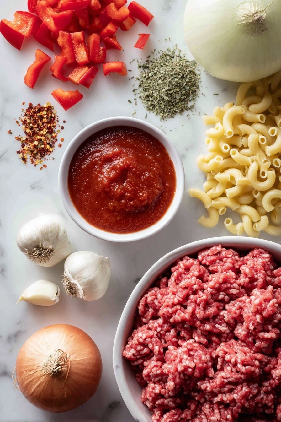 Healthier Slow Cooker Hamburger Helper, homemade Hamburger Helper, easy slow cooker dinner, wholesome comfort food, homemade beef pasta - Flat lay of fresh lean ground beef with deep red color and fine texture, a halved medium onion showing its crisp white layers, bright red diced bell pepper pieces, two cloves of peeled garlic with smooth creamy white surfaces, a small bowl of rich red tomato pasta sauce with visible herbs, a scattering of dry uncooked elbow macaroni in pale yellow tones, fresh green Italian seasoning herbs sprinkled gently, and a few vibrant red pepper flakes adding color contrast, all arranged naturally and invitingly on a white marbled surface, photo taken with an iphone --ar 2:3 --v 7