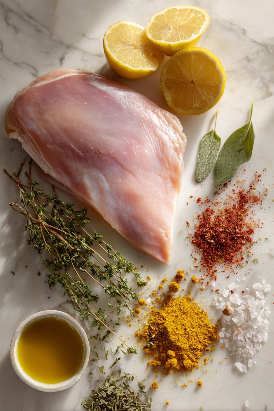 Perfect Smoked Turkey Breast, smoked turkey breast, flavorful turkey breast, tender smoked turkey, how to smoke turkey breast - Flat lay of a large raw turkey breast with smooth pale pink skin, fresh lemon halves with bright yellow flesh, vibrant green sprigs of dried thyme and sage, small piles of red chili powder and smoked paprika with fine textures, coarse garlic salt crystals, and a small pool of golden melted butter, all arranged naturally with some spices gently scattered around, placed on white marbled surface, photo taken with an iphone --ar 2:3 --v 7