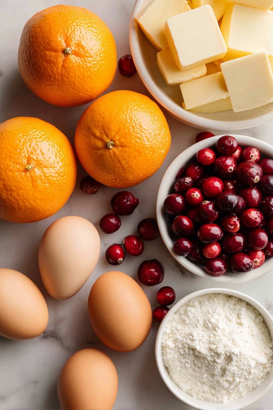 Cranberry Orange Bundt Cake, Cranberry Orange Cake, Orange Bundt Cake with Cranberries, Holiday Cranberry Cake, Moist Citrus Cranberry Cake - Flat lay of fresh whole bright orange oranges with textured peel and vibrant orange zest curls, deep red plump fresh cranberries with glossy skins, smooth pale yellow cubes of unsalted butter, rich golden brown packed light brown sugar, creamy white sour cream in a soft dollop, shiny fresh eggs with smooth brown shells, and light beige all-purpose flour dusted lightly around, arranged naturally with some cranberries spilling gently across, placed on white marbled surface, photo taken with an iphone --ar 2:3 --v 7