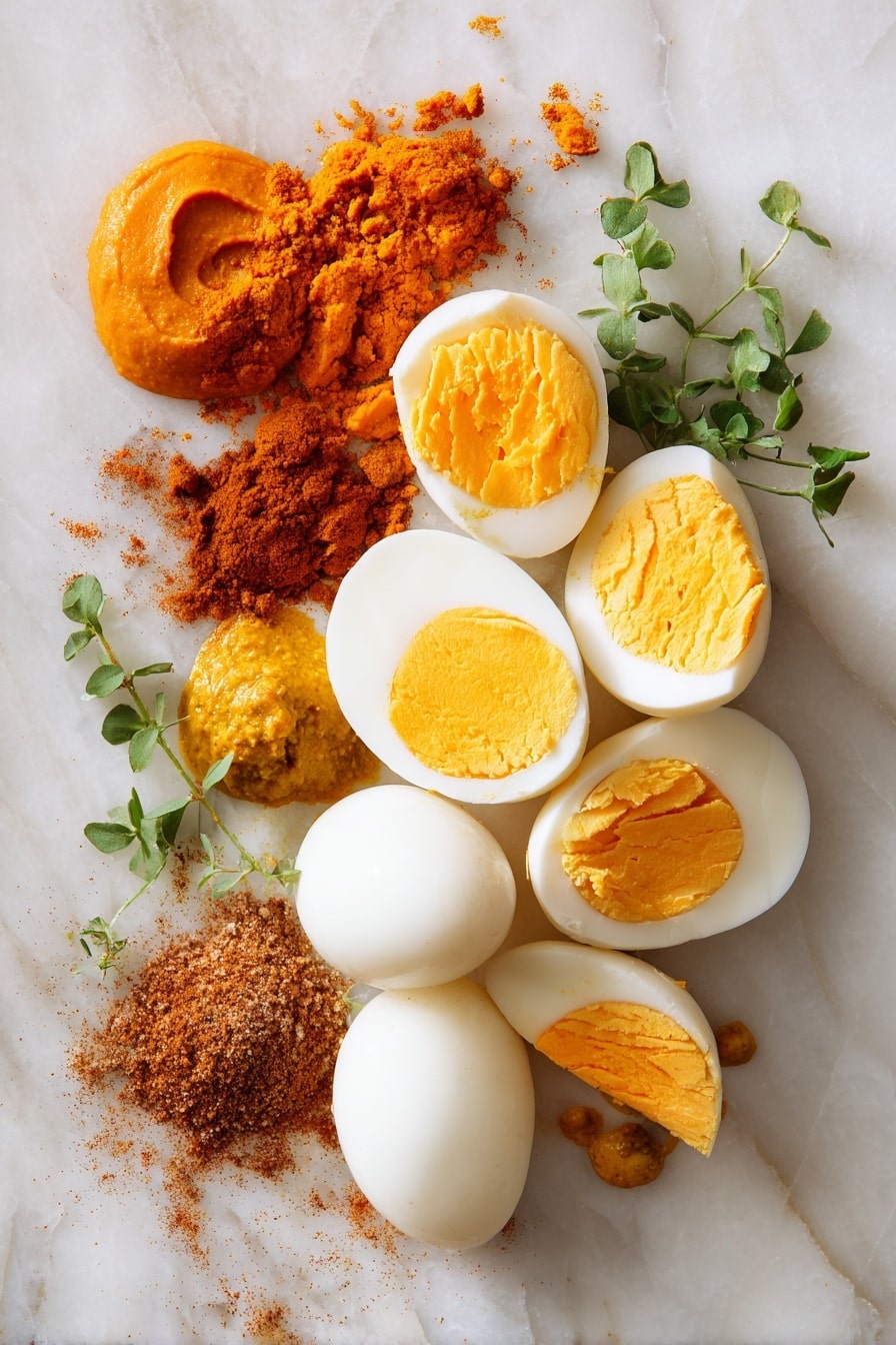 Pumpkin Devilled Eggs, festive appetizers, fall party snacks, pumpkin appetizer recipes, easy devilled eggs with pumpkin - Flat lay of halved hard boiled eggs with smooth white egg whites and bright yellow yolks, a small mound of rich orange pumpkin puree with a velvety texture, vibrant golden mustard dollops, a scattering of warm brownish-red paprika powder, and a small pile of mixed pumpkin spice with warm earthy tones, all neatly arranged in natural clusters with some fresh green herbs subtly placed for contrast, placed on white marbled surface, photo taken with an iphone --ar 2:3 --v 7