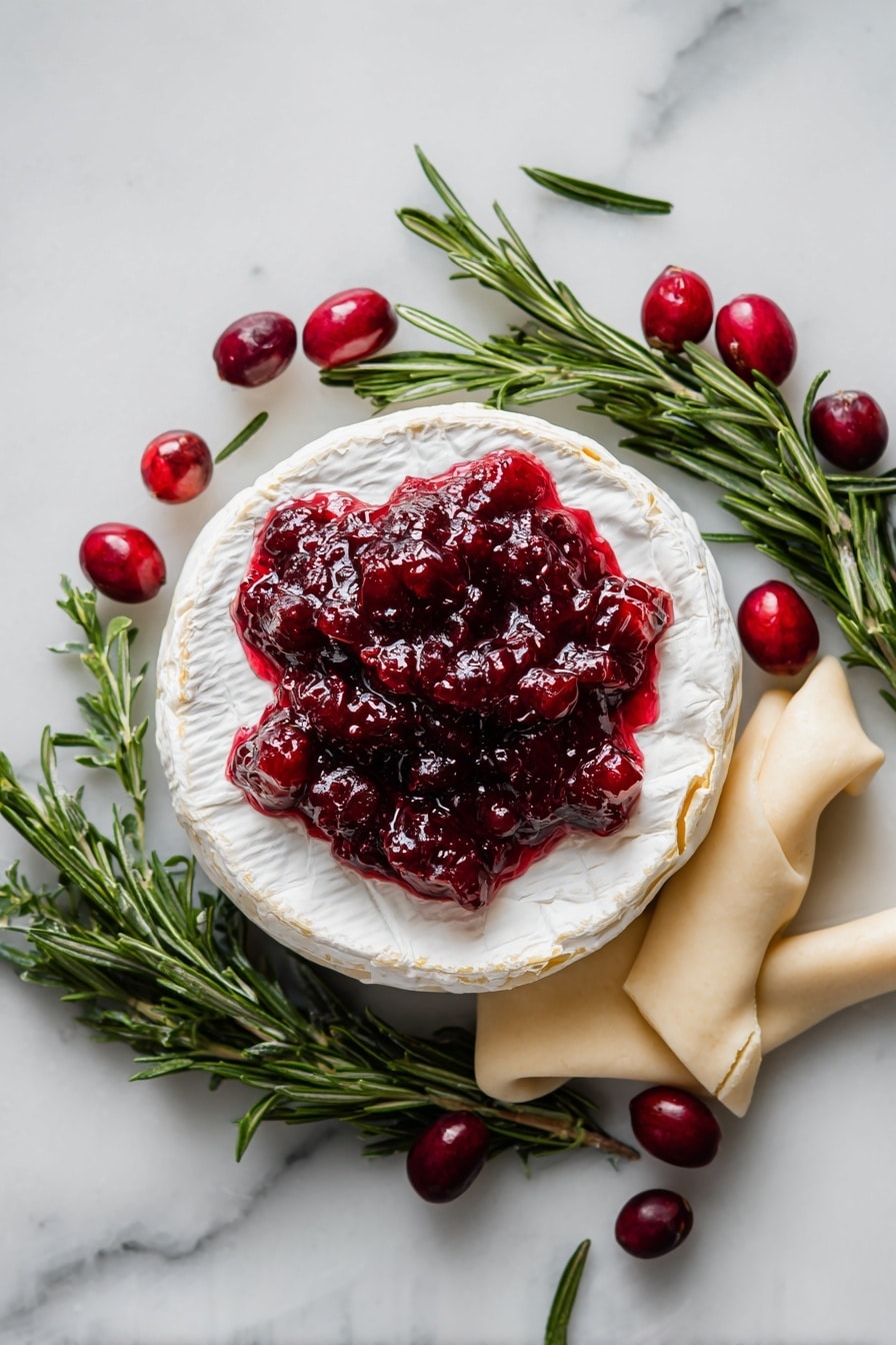 Cranberry Brie Bites, Cranberry Brie Bites appetizer, easy holiday appetizers, savory crescent dough snacks, quick party finger foods - Flat lay of a whole wheel of creamy brie cheese with its soft white rind, a generous spoonful of glossy, deep red whole berry cranberry sauce with visible berries, fresh vibrant green rosemary sprigs with needle-like leaves, and smooth pale beige crescent dough sheet partly unrolled showing its soft, pliable texture, all beautifully arranged with natural spacing and slight overlaps to highlight textures and colors, placed on white marbled surface, photo taken with an iphone --ar 2:3 --v 7