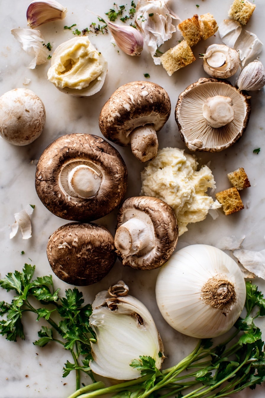 Creamy Mushroom Soup with Croutons and Fresh Herbs, mushroom soup recipe, creamy mushroom soup, homemade croutons, mushroom and herb soup - Flat lay of fresh white button mushrooms and Swiss brown cremini mushrooms, their smooth caps and textured gills creating a natural mix of creamy white and rich brown tones; a halved and whole onion showing crisp white layers with light purple skin; peeled garlic cloves with their papery skins curling gently; a small bunch of bright green parsley with delicate leaves; a dollop of thick, creamy crème fraiche with a soft, velvety texture; golden-brown toasted croutons casting warm hues and crunchy edges; all arranged organically with some loose mushroom slices and scattered parsley leaves, placed on white marbled surface, photo taken with an iphone --ar 2:3 --v 7