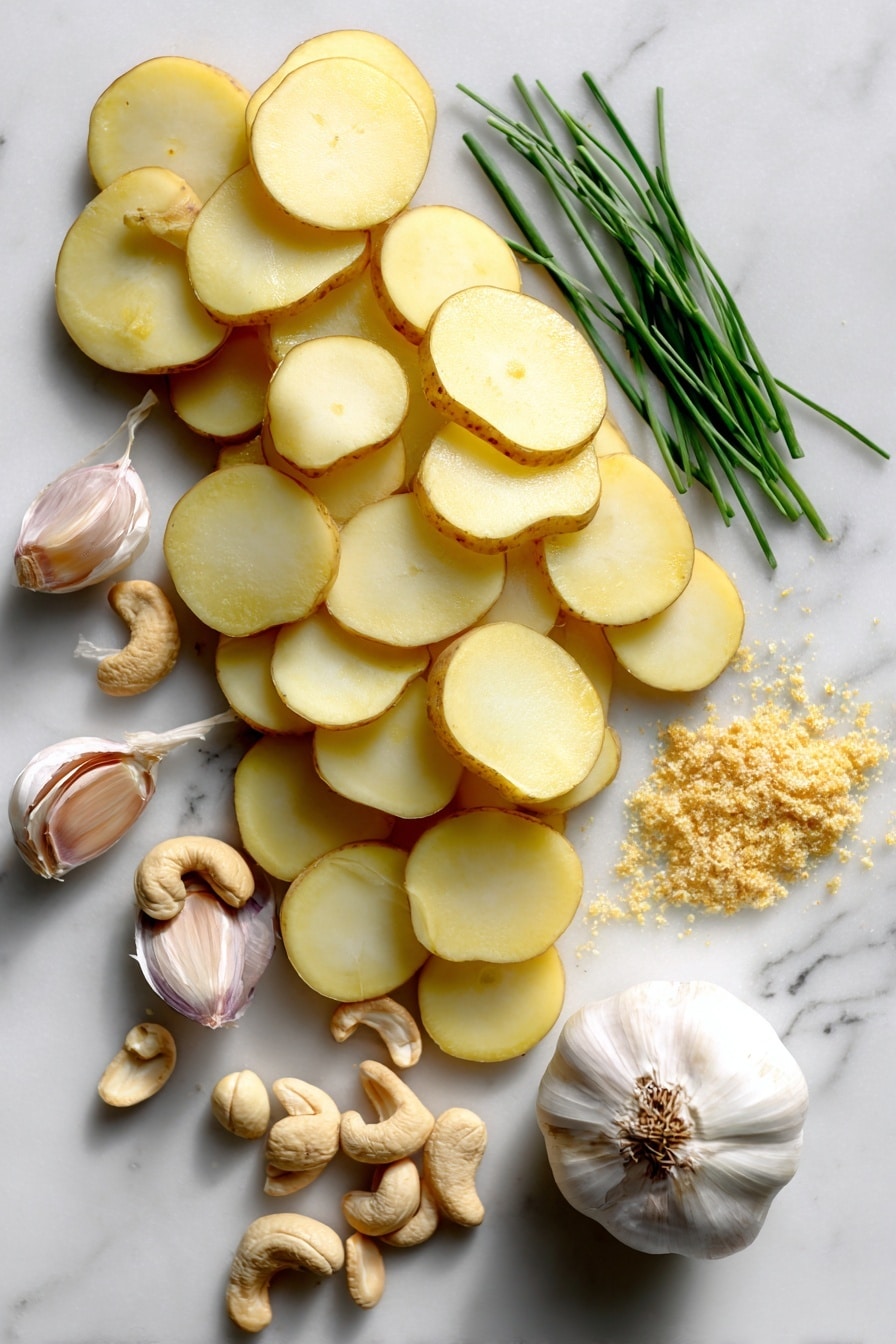 Vegan Scalloped Potatoes, dairy-free scalloped potatoes, vegan potato casserole, plant-based scalloped potatoes, vegan creamy potato side dish - Flat lay of golden Yukon gold potatoes sliced thinly with smooth pale yellow skin, raw cashews creamy beige in color, a handful of bright green fresh chives finely chopped, a large glossy white onion with delicate purple edges, plump garlic cloves with their papery white skins slightly peeled back, and a small mound of pale golden nutritional yeast flakes, all naturally arranged with some cashews spilling gently, scattered chives, and sliced potatoes layered loosely, placed on white marbled surface, photo taken with an iphone --ar 2:3 --v 7