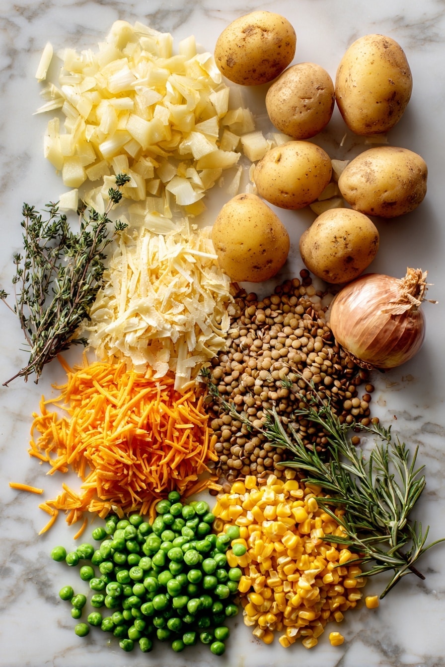 Lentil Shepherd’s Pie with Cheesy Mashed Potatoes, vegetarian shepherd's pie, plant-based shepherd’s pie recipe, vegan comfort food, hearty Lentil Shepherd’s Pie - Flat lay of peeled russet potatoes with a rough, starchy texture, bright yellow diced onion pieces, smooth garlic cloves with papery skins, cooked brown lentils with a soft, round shape, vibrant green frozen peas mixed with small, bright orange carrot chunks, plump golden yellow corn kernels, fresh sprigs of dried rosemary and thyme displaying delicate needle-like leaves and tiny rounded leaves in earthy green hues, sprinkled with shredded vegan cheddar cheese in rich orange-yellow strands, all arranged naturally and invitingly with some ingredients overlapping gently, placed on white marbled surface, photo taken with an iphone --ar 2:3 --v 7