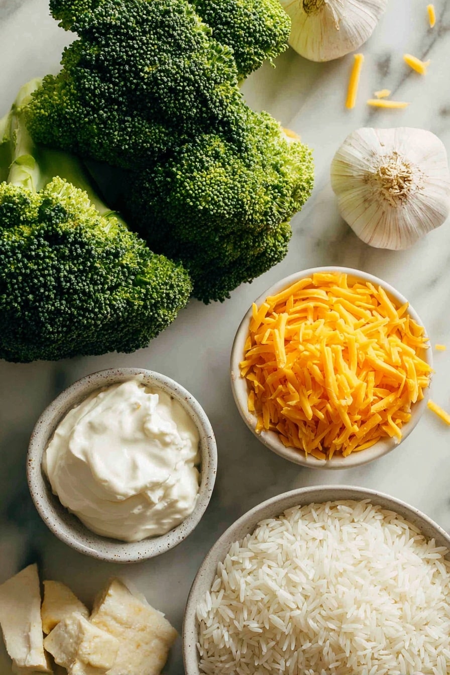 Cheesy Broccoli Rice Vegan Casserole, vegan cheesy broccoli casserole, plant-based broccoli rice bake, dairy-free cheesy casserole, vegan comfort food recipes - Flat lay of vibrant green broccoli florets with rich texture, plump white long grain rice grains scattered softly nearby, tender pieces of golden-brown vegan chicken with a slightly crispy surface, four cloves of fresh garlic with papery white skins, a small mound of bright orange vegan shredded cheddar cheese with a delicate melt-ready texture, creamy off-white vegan cream in a smooth dollop, all naturally arranged with gentle overlaps and soft shadows, placed on white marbled surface, photo taken with an iphone --ar 2:3 --v 7