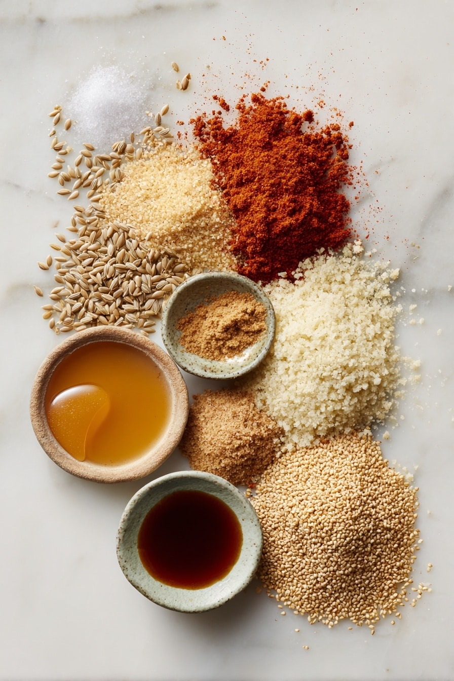 Vegan Breakfast Sausage Patties, plant-based sausage patties, vegan breakfast recipes, dairy-free sausage, vegetarian breakfast ideas - Flat lay of textured vegetable protein chunks soaking in warm golden vegetable broth, scattered fennel seeds with their tiny oval shapes, vibrant rusty red smoked paprika powder dusted lightly, smooth piles of pale beige onion and garlic powders, small heap of rich brown soy sauce glistening in a drop, golden ground flaxseeds showing their fine grainy texture, soft fluffy white panko breadcrumbs, and a small amber pool of pure maple syrup catching light, all beautifully arranged with natural spacing and gentle overlaps, placed on white marbled surface, photo taken with an iphone --ar 2:3 --v 7