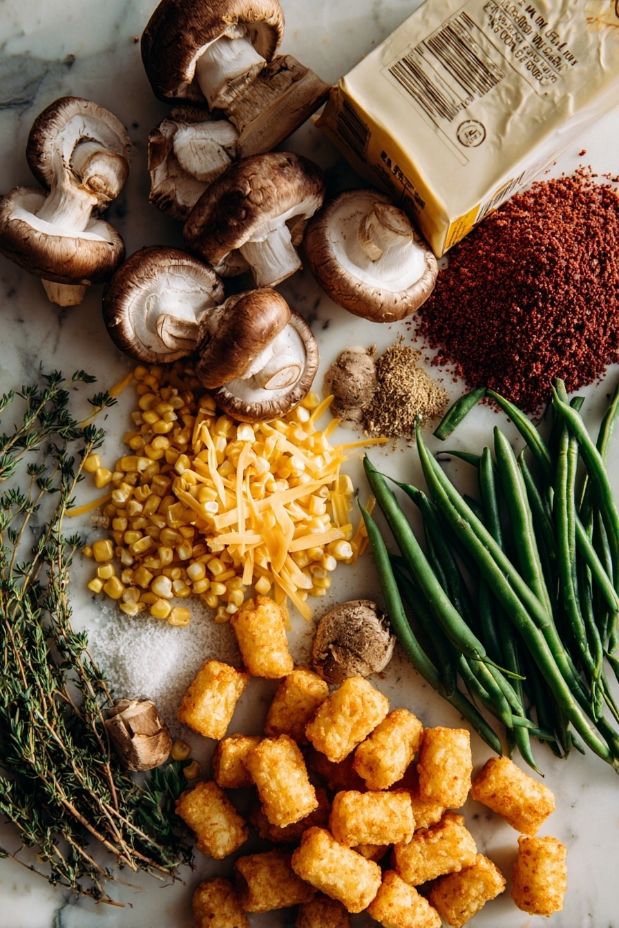 Vegan Tater Tot Casserole Impossible Beef Mushrooms Veggie Topping, vegan comfort food recipes, plant-based casseroles, easy vegan casserole ideas, hearty vegan dinners - Flat lay of fresh cremini mushrooms with rich brown caps and creamy white stems, bright yellow corn kernels scattered in a small pile, vibrant green beans with smooth surfaces and crisp ends, a block of golden vegan cheddar cheese shreds loosely gathered, a mound of textured Impossible brand vegan ground beef in deep reddish-brown hues, raw golden tater tots with crisp potato texture, a smooth coconut milk carton partially opened showing white creamy liquid, and sprigs of dried oregano and ground cumin spices in small neat heaps, all naturally arranged with gentle overlaps and shadows emphasizing their fresh textures, placed on white marbled surface, photo taken with an iphone --ar 2:3 --v 7