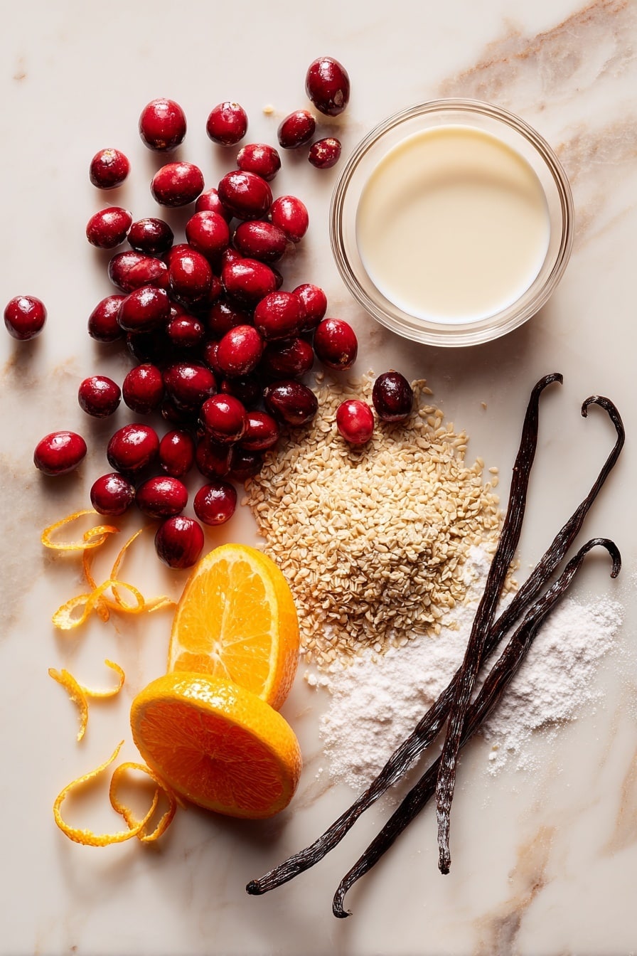 Cranberry Orange Bread with Orange Glaze, cranberry orange bread, orange glazed bread, festive bread recipes, holiday breakfast ideas - Flat lay of fresh whole cranberries with their deep red color and glossy texture, a bright orange with vibrant zest and juicy wedges, a small pile of golden ground flaxseeds showing their grainy texture, a light sprinkling of white all-purpose flour, a smooth pool of golden canola oil shimmering slightly, a small glass of creamy soy milk with its soft white tone, and a sprig of fresh vanilla bean pods in dark brown, all naturally arranged with some orange zest curls scattered delicately around, placed on white marbled surface, photo taken with an iphone --ar 2:3 --v 7