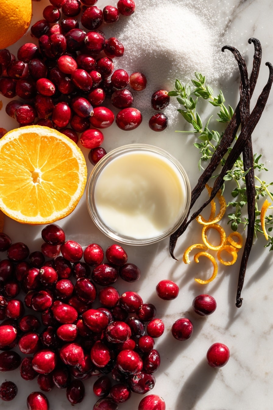 Cranberry Orange Muffins with Orange Glaze, festive muffin recipes, citrus breakfast muffins, easy cranberry muffin recipe, moist orange muffin goodness - Flat lay of bright red fresh cranberries scattered next to vibrant orange halves and delicate orange zest curls, smooth pale yellow canola oil glistening in a small natural pool, creamy white soy milk in a subtle splash, a small mound of pure white granulated sugar sparkling softly, warm vanilla beans with their dark brown seeds visible, and a few sprigs of fresh green herbs gently resting nearby, all beautifully arranged with natural light highlighting the textures and colors, placed on white marbled surface, photo taken with an iphone --ar 2:3 --v 7