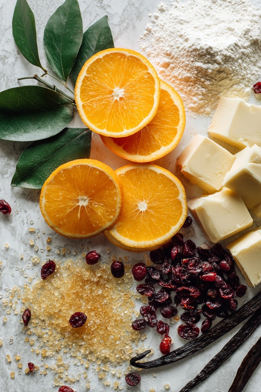 Orange Cranberry Shortbread Cookies, citrus cranberry cookie recipe, easy holiday shortbread, buttery cranberry cookies, festive citrus dessert - Flat lay of vibrant fresh oranges sliced to show their bright orange flesh, small bunches of glossy dried cranberries scattered naturally, soft blocks of creamy vegan butter with smooth texture, whole vanilla pods with rich dark brown color, vibrant green orange leaves adding a fresh touch, golden granulated sugar crystals glistening in the light, fine white powdered sugar dusted softly nearby, and a small heap of light beige all-purpose flour with a powdery texture, all beautifully arranged with careful spacing and contrasting colors on a white marbled surface, photo taken with an iphone --ar 2:3 --v 7