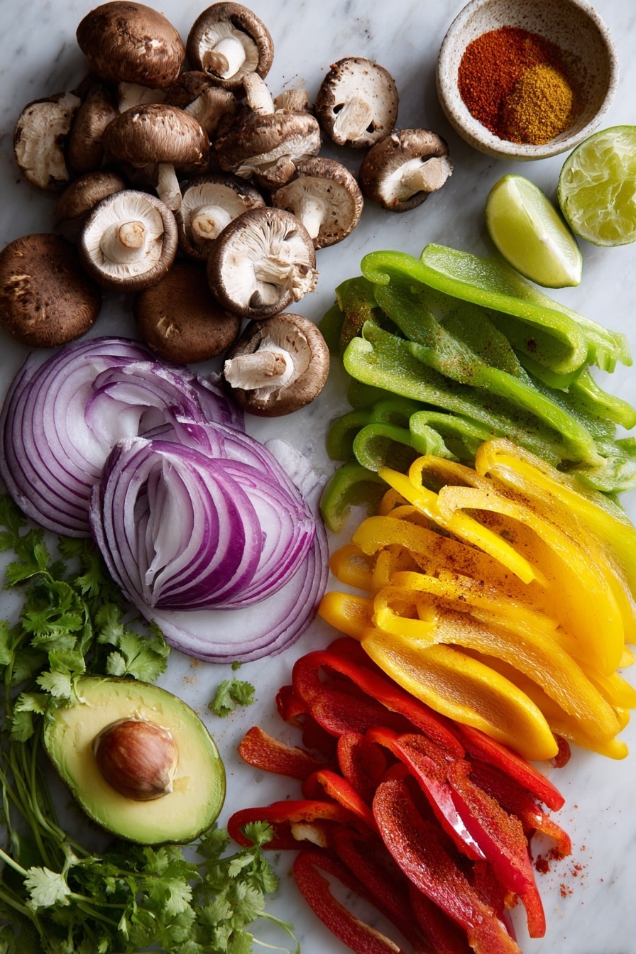 Vegetarian Fajitas, Vegetarian Fajitas Recipe, Easy Vegetarian Fajitas, Colorful Vegetarian fajitas, Meat-free Fajitas - Flat lay of vibrant red, green, and yellow bell peppers sliced into long strips, glossy cremini mushrooms with rich brown caps and smooth texture, thinly sliced red onion rings showing their deep purple and white layers, bright green lime wedges with juicy segments visible, fresh cilantro sprigs with delicate leaves, ripe avocado halves with creamy green flesh, and a small pile of colorful chili powder, ground cumin, and smoked paprika powders in warm red and orange hues artfully scattered, placed on white marbled surface, photo taken with an iphone --ar 2:3 --v 7