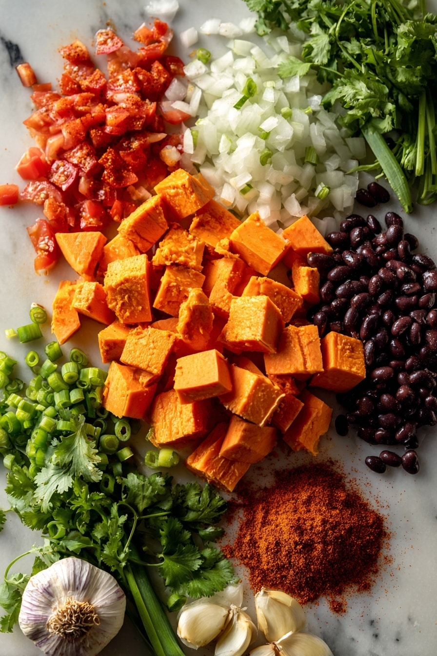 Sweet Potato Black Bean Chili, healthy vegetarian chili, hearty fall dinner, easy chili recipe, cozy plant-based meal - Flat lay of bright orange diced sweet potatoes with smooth skin, glossy black beans scattered around, vibrant red diced tomatoes with juicy textures, chopped white onion pieces with delicate layers, fresh green cilantro leaves, thinly sliced green onions with crisp edges, whole garlic cloves with papery skins, and deep red chili powder sprinkled artfully, all arranged naturally to showcase contrasting colors and textures, placed on white marbled surface, photo taken with an iphone --ar 2:3 --v 7