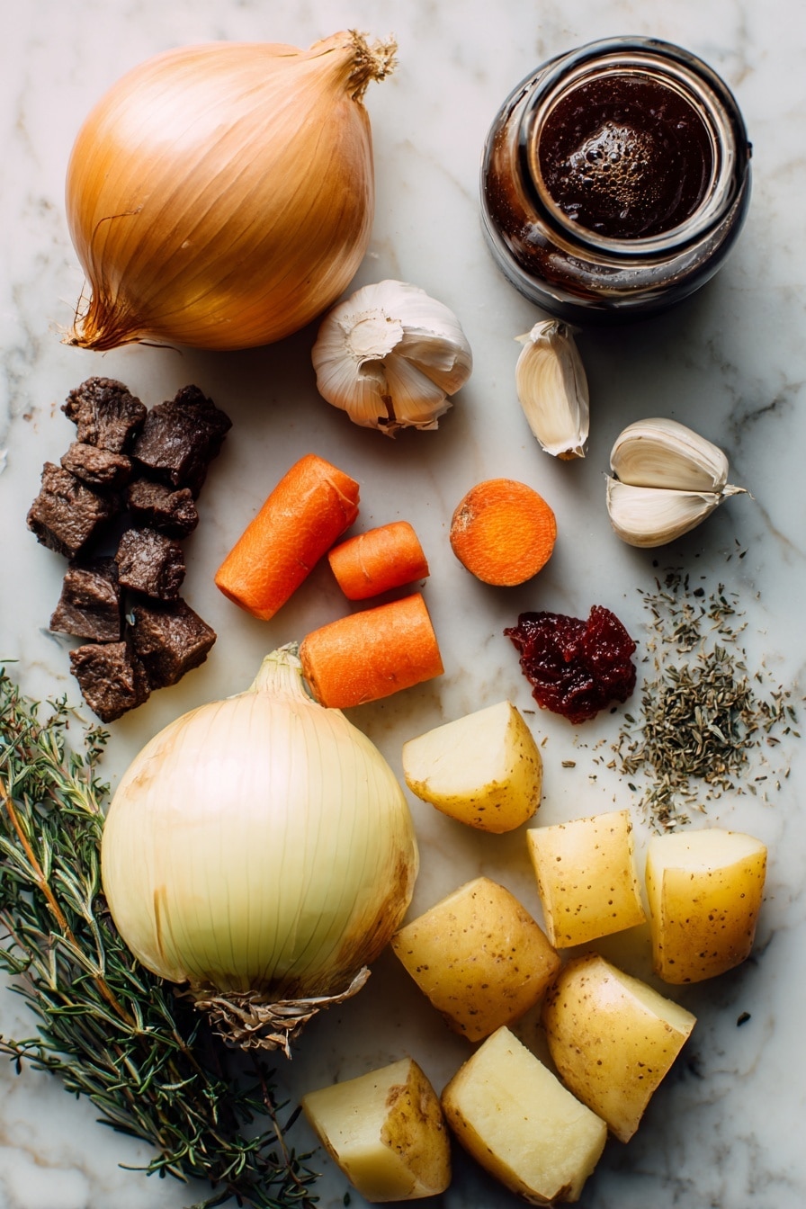 Vegan Irish Stew, hearty vegan stew, plant-based Irish stew, vegan comfort food, Irish stew with vegetables - Flat lay of large sweet yellow onion with papery skin and some layers peeling, peeled orange carrots cut into chunks showing fresh texture, golden Yukon potatoes cut into rustic chunks with slightly rough skin edges, a small pile of dark brown Gardein beefless tips with a meaty texture, three peeled garlic cloves with a smooth white surface, dried rosemary and thyme sprigs scattered loosely with green-gray hues, a small heap of deep red tomato paste, and a glossy bottle of dark brown stout beer partially visible, all arranged naturally with some herbs overlapping the vegetables, placed on white marbled surface, photo taken with an iphone --ar 2:3 --v 7