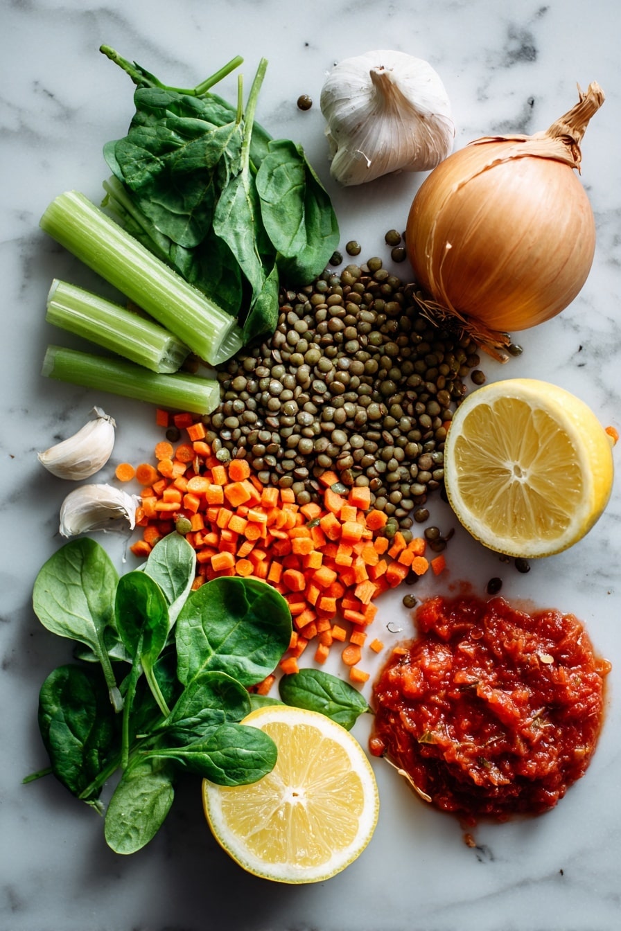 The Best Lentil Soup, hearty lentil soup, easy lentil soup recipe, healthy lentil soup, cozy comfort food - Flat lay of fresh green and brown lentils scattered beside bright orange chopped carrots and light green celery ribs, a whole medium onion with its papery skin partially peeled back, three plump garlic cloves with smooth white skins, a handful of vibrant baby spinach leaves showing deep green shades and delicate veins, a bright yellow lemon cut in half revealing juicy segments, and a small pile of rich red crushed tomatoes with visible seeds and pulp, all naturally arranged with soft natural light highlighting their varied textures and colors, placed on white marbled surface, photo taken with an iphone --ar 2:3 --v 7