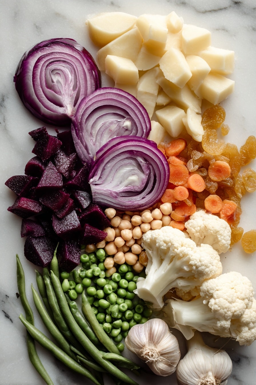 Easy Vegan Biryani, vegan biryani recipe, plant-based biryani, vegetarian Indian biryani, healthy vegan dinner - Flat lay of fresh red onion thinly sliced with deep purple and white layers, peeled orange carrot slices cut diagonally showing vibrant texture, pale yellow Yukon gold potato chunks with smooth skin, creamy white cauliflower florets with natural curvy shapes, bright green frozen peas and green beans adding crisp freshness, light beige chickpeas with a round, matte surface, small golden raisins scattered for a touch of sweetness, fresh ginger root with knobby, light brown skin and fibrous texture, and plump garlic cloves with papery white skin arranged naturally in clusters, placed on white marbled surface, photo taken with an iphone --ar 2:3 --v 7