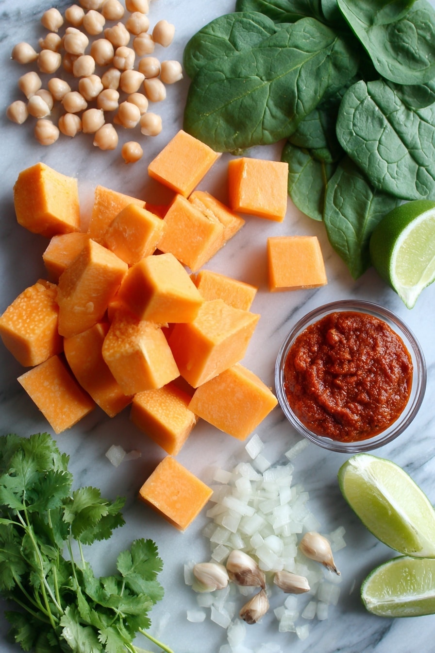 Butternut Squash Curry with Chickpeas, vegan butternut squash curry, healthy chickpea curry recipe, easy vegan curry, cozy comfort food - Flat lay of vibrant orange butternut squash cubes with smooth, matte skin, plump light beige chickpeas, bright green baby spinach leaves with delicate veins, a small pile of finely diced translucent sweet onion, pale beige garlic cloves with papery texture, fresh ginger root showing its knobby light brown skin and creamy interior, vivid deep red curry paste dollops with a glossy texture, shiny fresh lime wedges revealing juicy, bright green flesh, and a small bunch of leafy cilantro with rich green hues and feathery edges, all beautifully arranged with natural spacing and slight overlaps, placed on white marbled surface, photo taken with an iphone --ar 2:3 --v 7